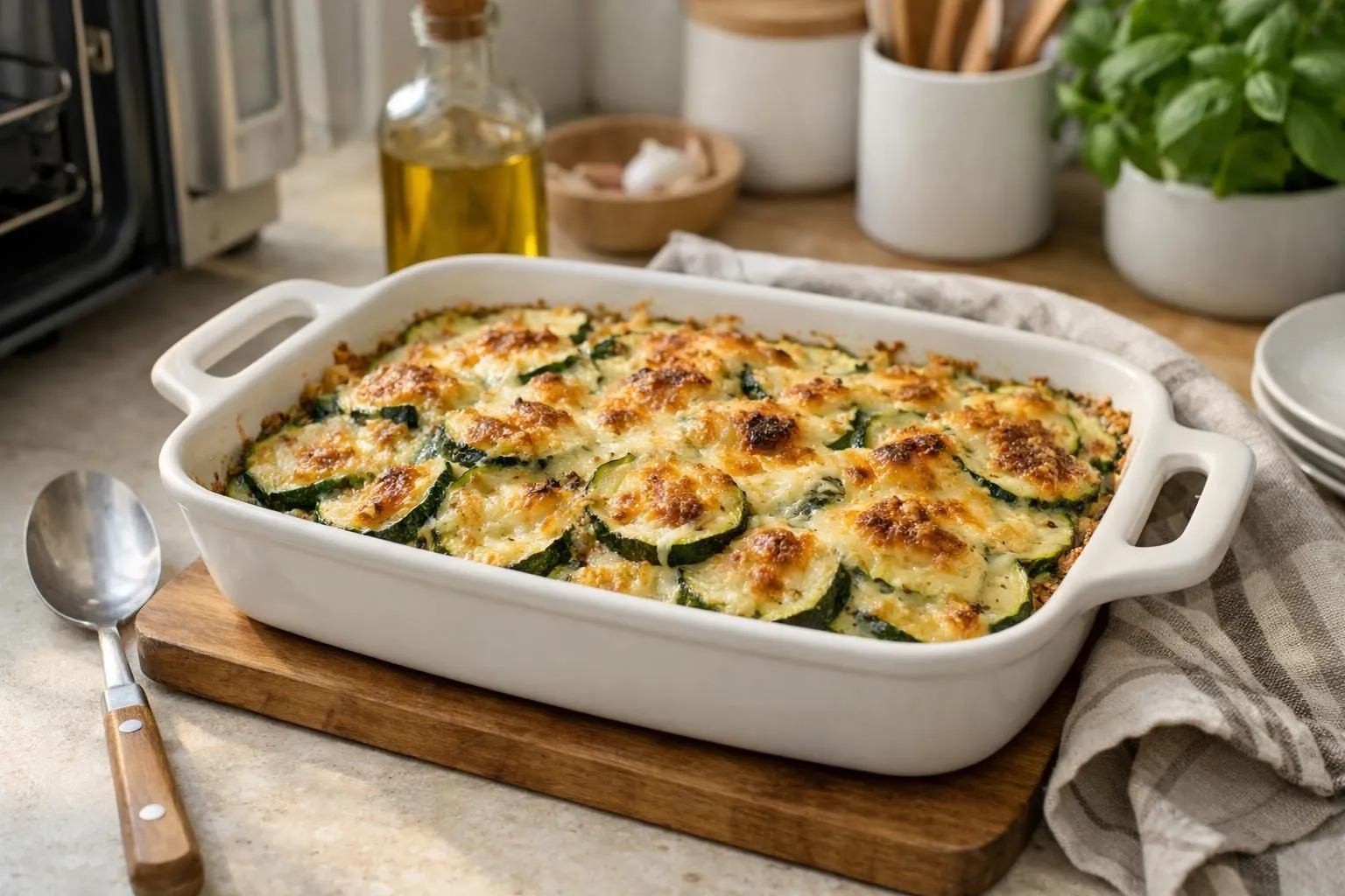 Gratin de courgettes doré sortant d'un four domestique, croûte gratinée dorée et appétissante visible, vapeur légère s'échappant du plat en céramique blanc, courgettes rondes en tranches visibles sous le fromage fondu, cuisine moderne lumineuse en arrière-plan flou, éclairage naturel doux créant des reflets dorés sur la surface gratinée, mains gantées tenant le plat chaud, ambiance conviviale de repas familial, vue à 45 degrés, mise au point nette sur la texture croustillante du gratin