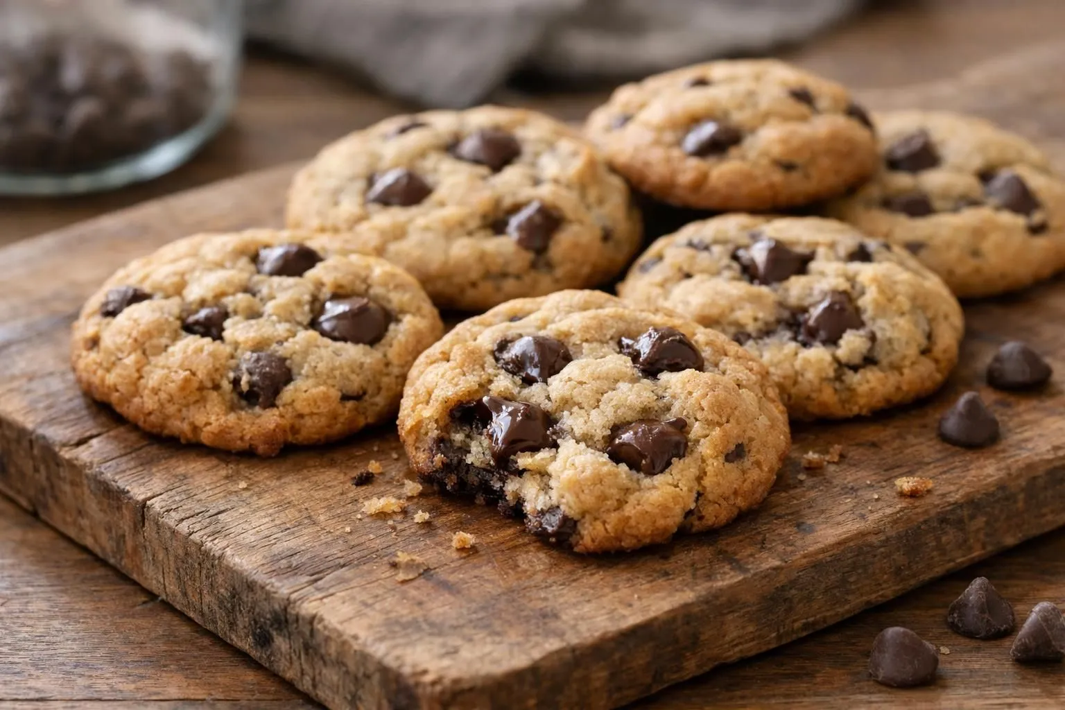 Gros plan sur des cookies dorés et moelleux posés sur une planche en bois rustique, pépites de chocolat noir et blanc visibles fondant légèrement, texture chewy évidente, lumière naturelle douce créant une ambiance chaleureuse de boulangerie artisanale, vapeur légère suggérant qu'ils sortent du four, arrière-plan flou avec tasse de café et pot de lait