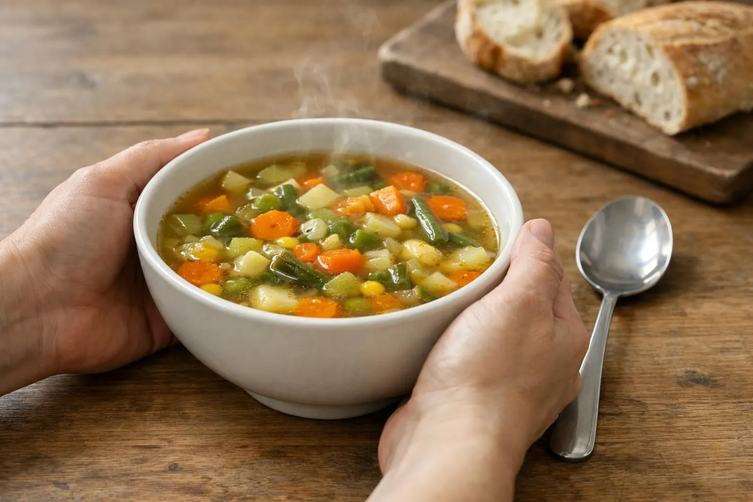 Bol de soupe de légumes fumante posé sur une table en bois clair, vue à 45°, morceaux de carottes, courgettes et poireaux visibles dans le bouillon doré, cuillère en métal à côté, pain tranché en arrière-plan légèrement flouté, lumière naturelle douce venant de la gauche, ambiance cuisine familiale moderne et chaleureuse, mains tenant le bol sans visage reconnaissable, serviette en lin beige, planche à découper avec persil frais