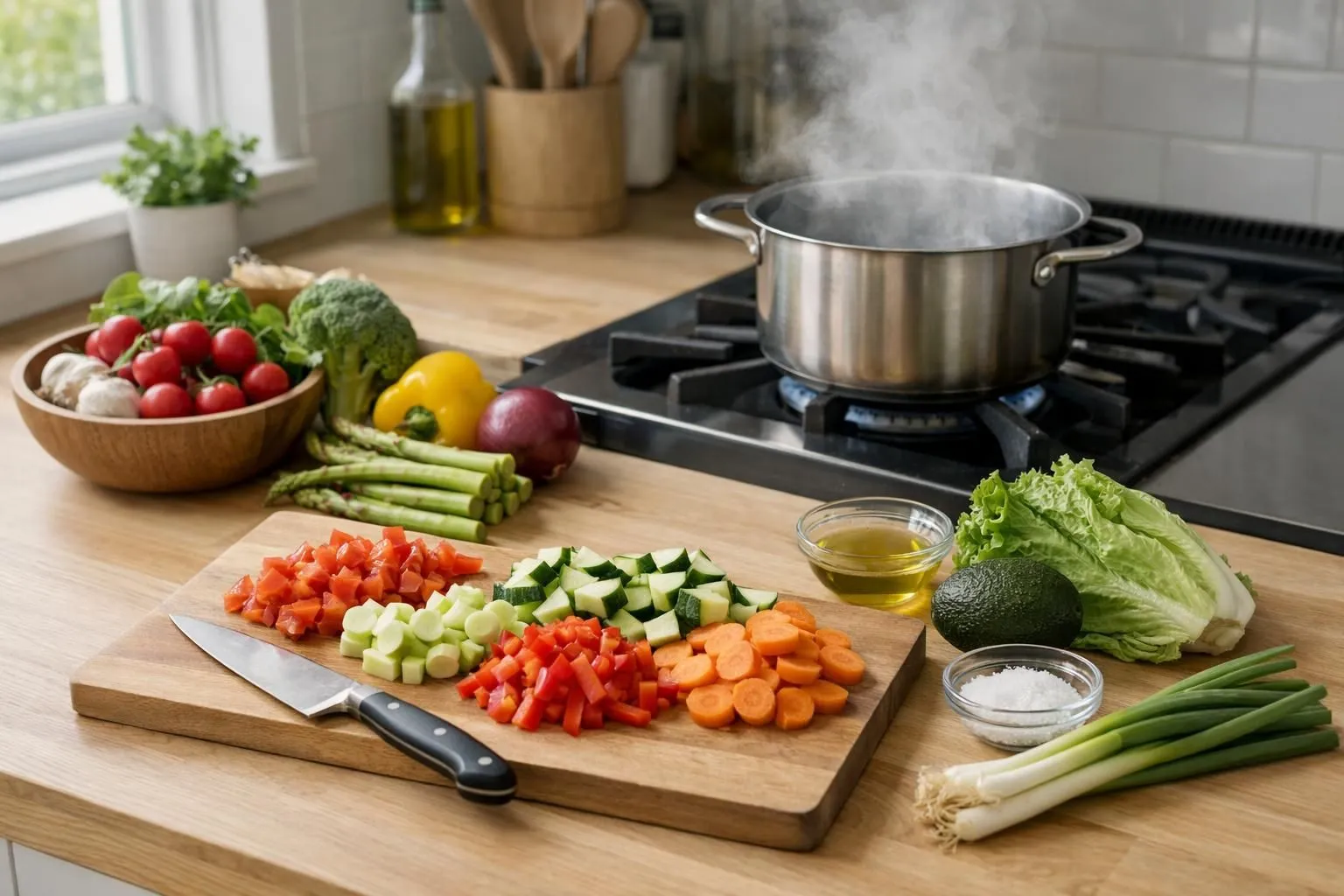 Cuisine moderne et lumineuse avec plan de travail en bois clair, une jeune femme de dos en train de couper rapidement des légumes colorés (tomates, poivrons, courgettes), casserole fumante sur la cuisinière, herbes fraîches à côté d'une planche à découper, lumière naturelle douce venant d'une fenêtre, ambiance chaleureuse et dynamique montrant la préparation efficace d'un repas équilibré, mains en mouvement capturant l'idée de rapidité sans stress