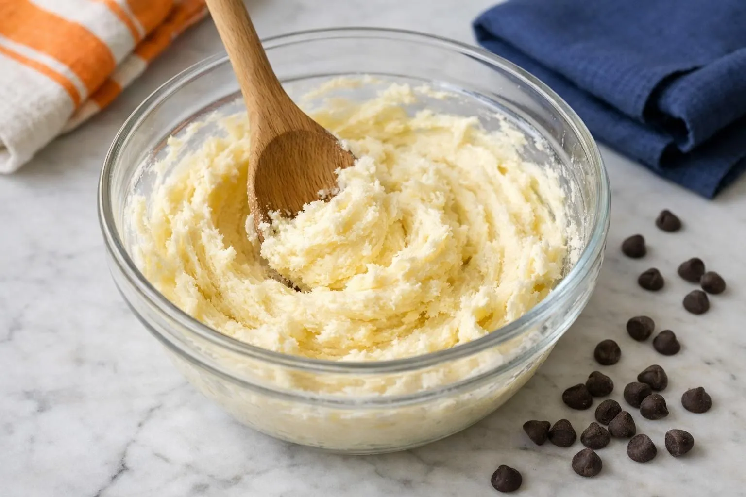 Close-up of creamy butter and sugar mixture being beaten in a glass bowl with a wooden spoon, showing fluffy pale-yellow texture ready for cookie dough, natural kitchen light, marble countertop, scattered chocolate chips nearby