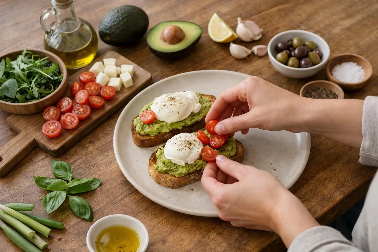 Cuisine moderne et lumineuse avec une personne (mains visibles, sans visage) préparant un plat simple et appétissant sur un plan de travail en bois. Des ingrédients frais disposés autour: tomates cerises, herbes aromatiques, pâtes, huile d'olive. Un livre de recettes ouvert à côté. Lumière naturelle douce venant d'une fenêtre. Vue légèrement en plongée (angle 45°). Ambiance chaleureuse et rassurante, couleurs naturelles (bois clair, blanc, vert, rouge des tomates). Mise au point nette sur les mains et le plat en préparation. Absolument aucun texte, mot, lettre ou chiffre visible dans l'image.