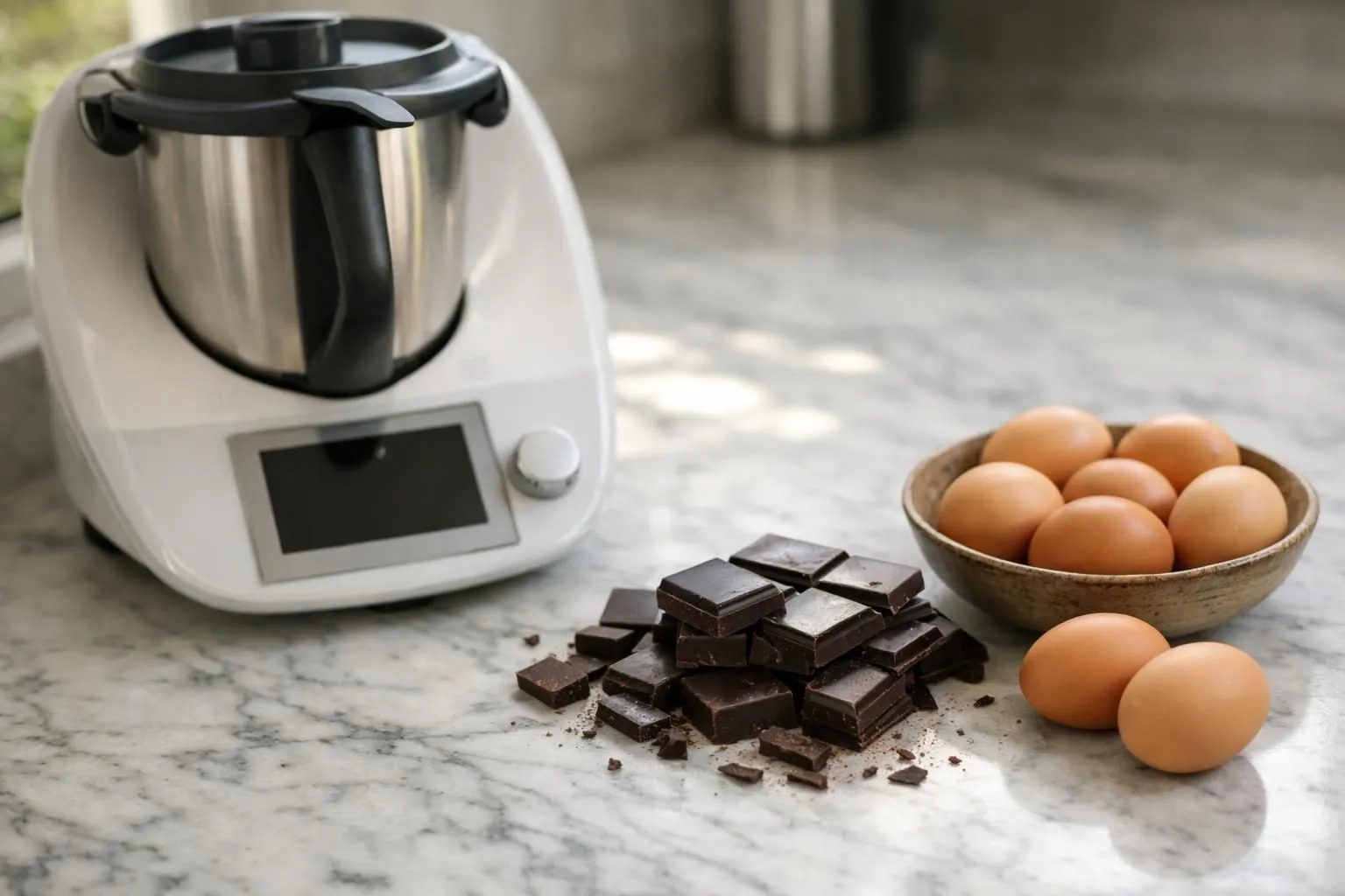 Close-up view of a Thermomix appliance on a marble kitchen counter, with broken dark chocolate pieces, fresh eggs in a bowl, and a whisk nearby. Warm natural lighting from a window, modern kitchen setting, focus on the Thermomix bowl showing whipped egg whites with glossy peaks inside. Cozy home cooking atmosphere, realistic food photography style, soft shadows, inviting and practical scene.