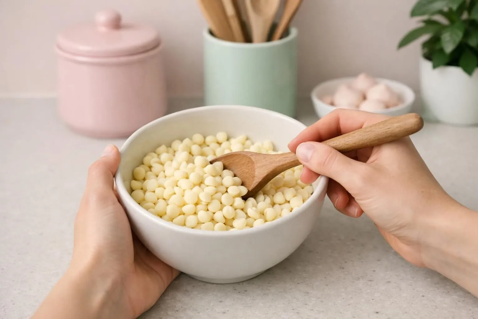 Recette facile cookies chocolat blanc moelleux en 5 étapes simples Hands stirring corn kernels in a white bowl.