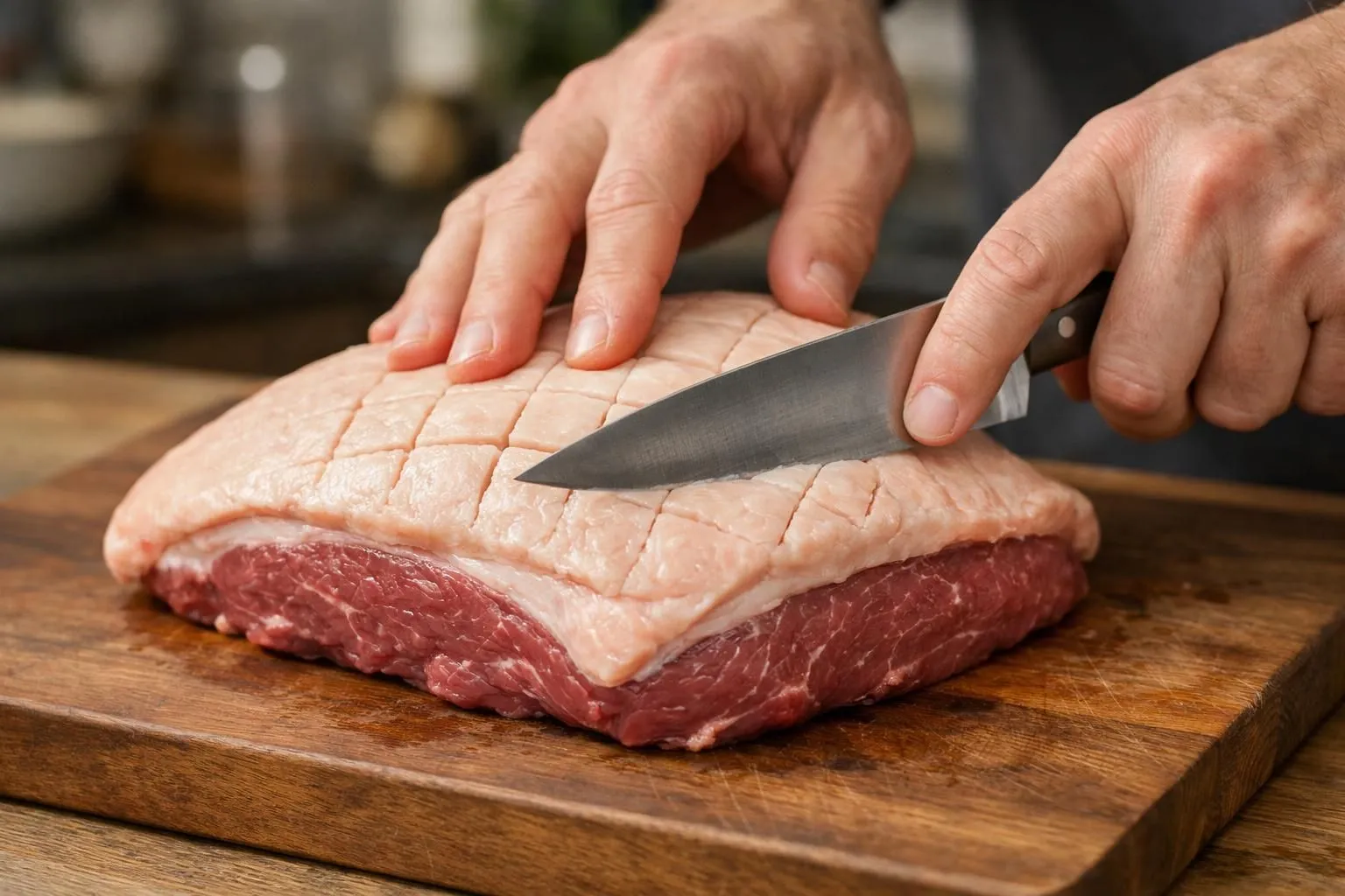 Gros plan sur des mains expertes en train d'entailler en quadrillage la couche de graisse d'une picanha crue avec un couteau affûté, sur une planche en bois, éclairage naturel chaleureux, cuisine conviviale en arrière-plan flouté, tons naturels beige et blanc