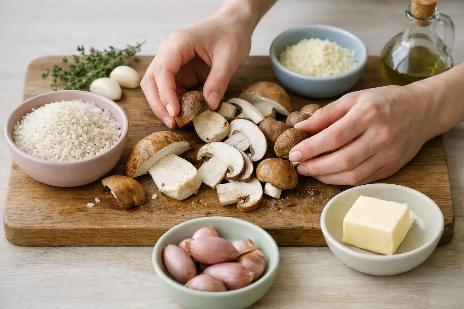 Wooden cutting board with various cooking ingredients and utensils.