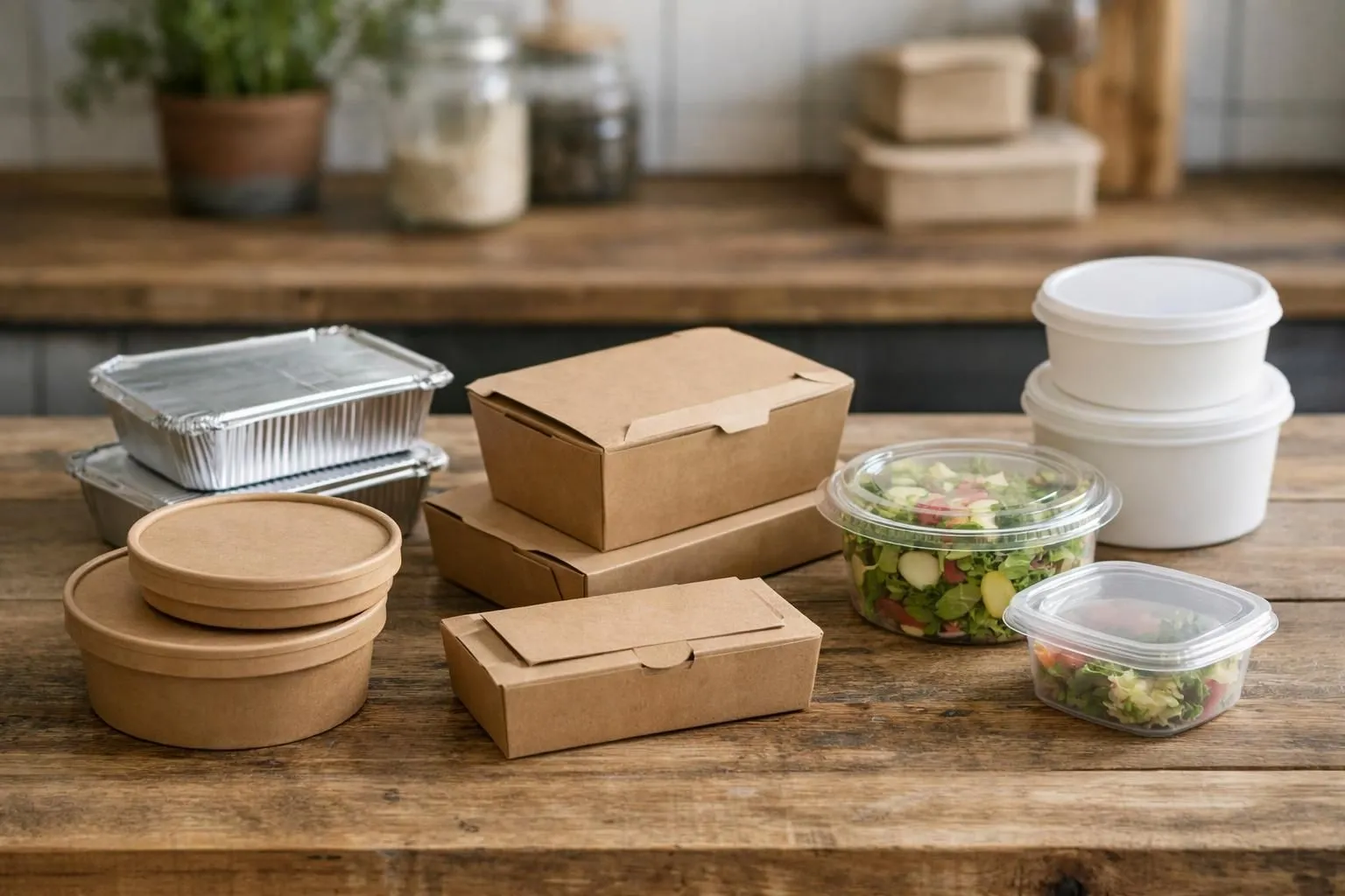 Variety of eco-friendly food containers made from different materials (kraft cardboard, clear plastic PP, aluminum) arranged on rustic wooden kitchen table with fresh ingredients around them, professional food photography, soft natural lighting, top view composition, realistic and inviting ambiance