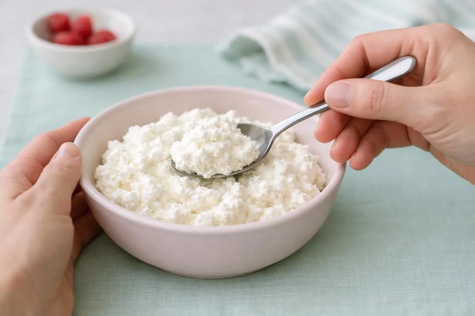 A bowl of creamy cottage cheese with fresh strawberries nearby.