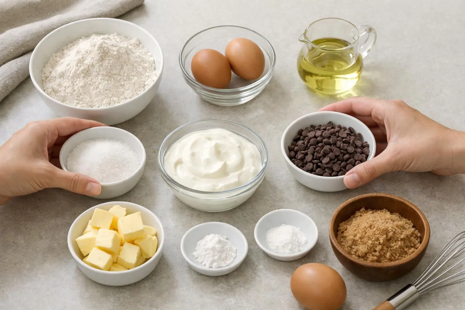 Baking ingredients including flour, eggs, butter, chocolate chips, and sugar.