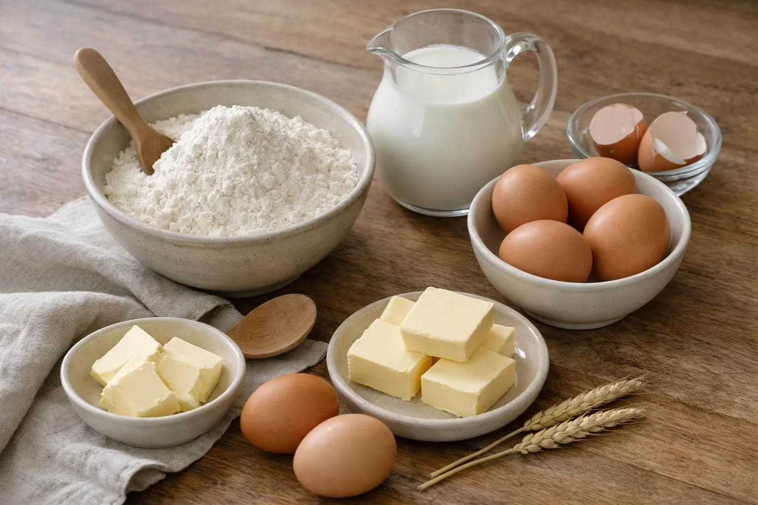 Ingrédients frais pour crêpes disposés sur un plan de travail en bois clair: bol de farine blanche, trois œufs dans un petit récipient blanc, bouteille de lait transparent, morceau de beurre sur une coupelle, sucrier avec sucre fin. Vue de dessus légèrement en angle, lumière naturelle douce venant de la gauche, spatule en bois visible sur le côté, ambiance cuisine familiale chaleureuse, mise au point nette sur les œufs et la farine, fond légèrement flouté.