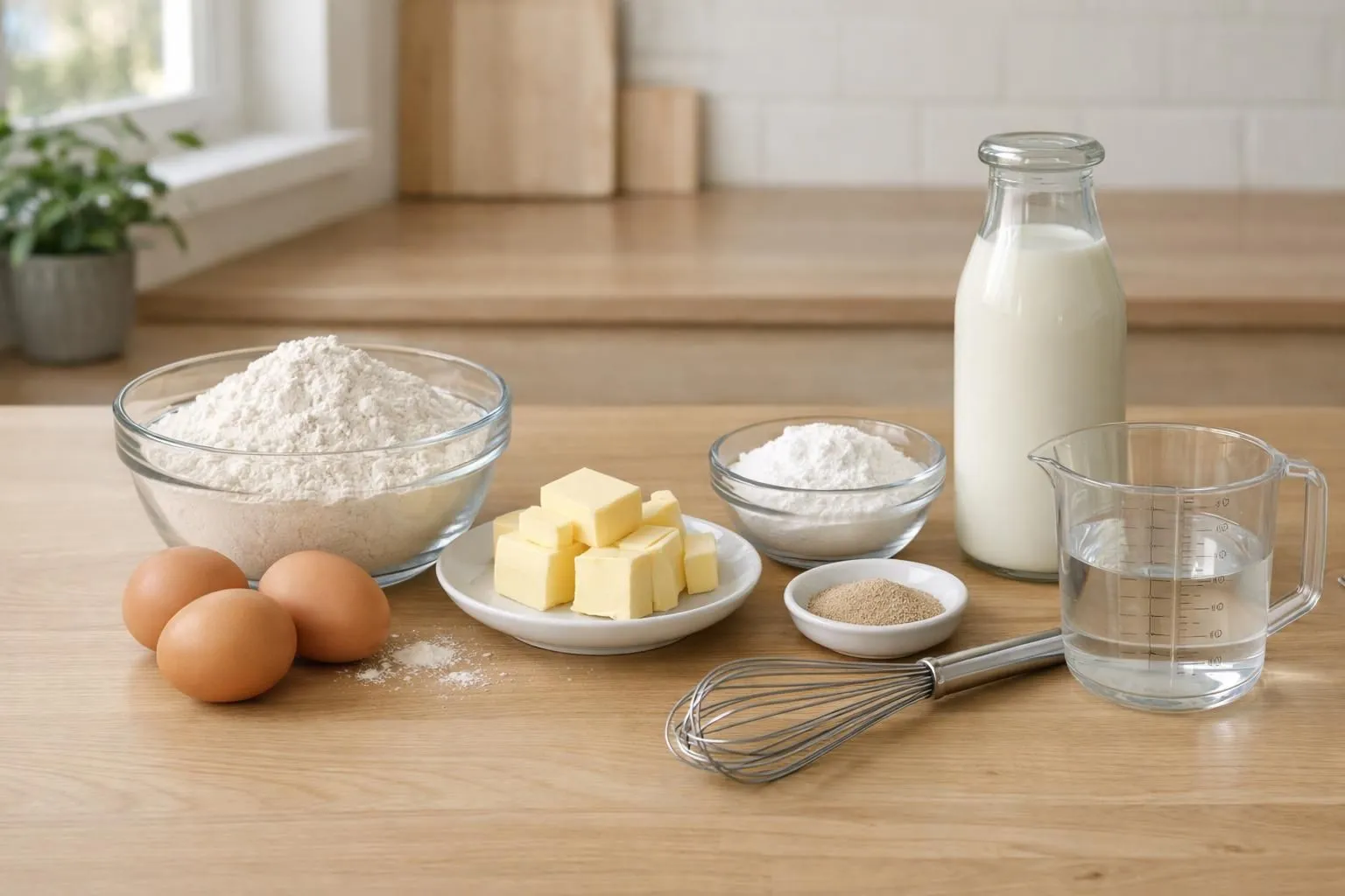 Ingrédients pour gaufres disposés harmonieusement sur un plan de travail de cuisine moderne en bois clair: bol de farine blanche, œufs frais dans un petit panier, bouteille de lait en verre, cube de beurre sur une assiette, sucre en poudre dans un bocal transparent, sachet de levure, fouet en métal et verre doseur à côté. Lumière naturelle douce venant d'une fenêtre latérale, ambiance chaleureuse et conviviale, mise au point nette sur les ingrédients au premier plan, arrière-plan légèrement flouté montrant une cuisine familiale épurée.