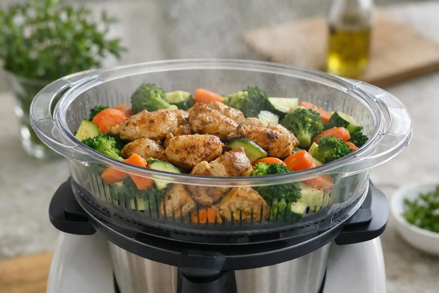 Close-up view of a transparent Varoma steamer basket on top of a Thermomix, filled with golden-brown seasoned chicken pieces on the bottom layer and vibrant vegetables (broccoli florets, orange carrot rounds, green zucchini slices) on the top level. Visible steam rising from the Varoma. Kitchen counter setting with wooden cutting board and fresh herbs in soft natural window light. Focus on the layered arrangement showing the strategic placement of ingredients.