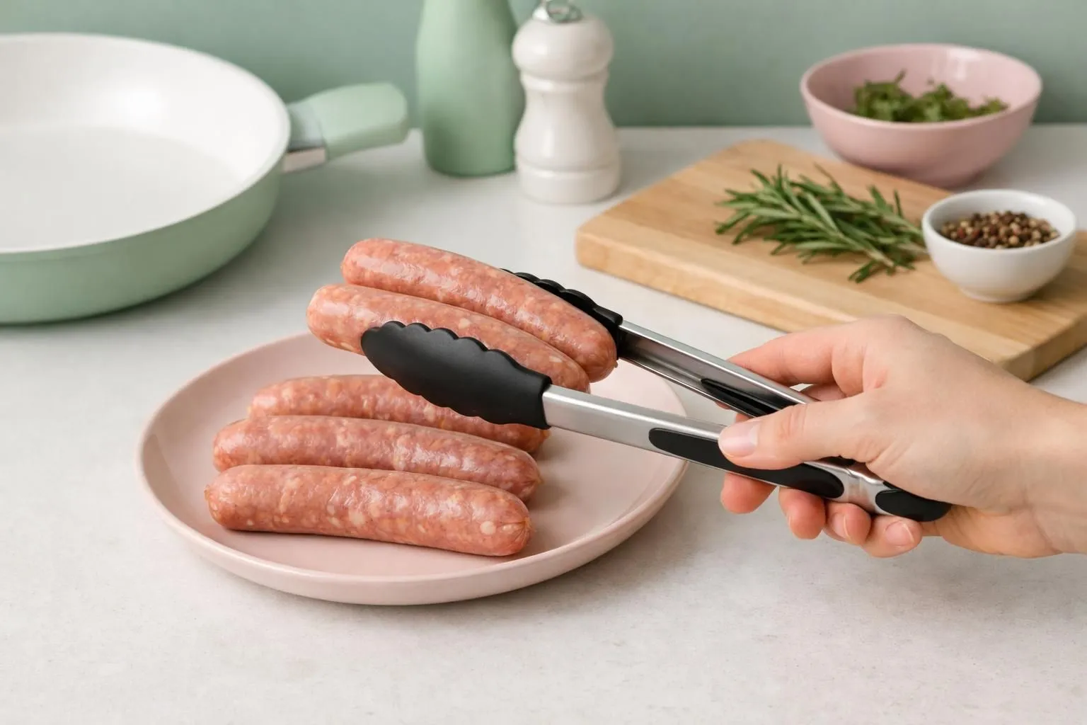 Cooked sausages on a plate, kitchen utensils, and cooking ingredients.