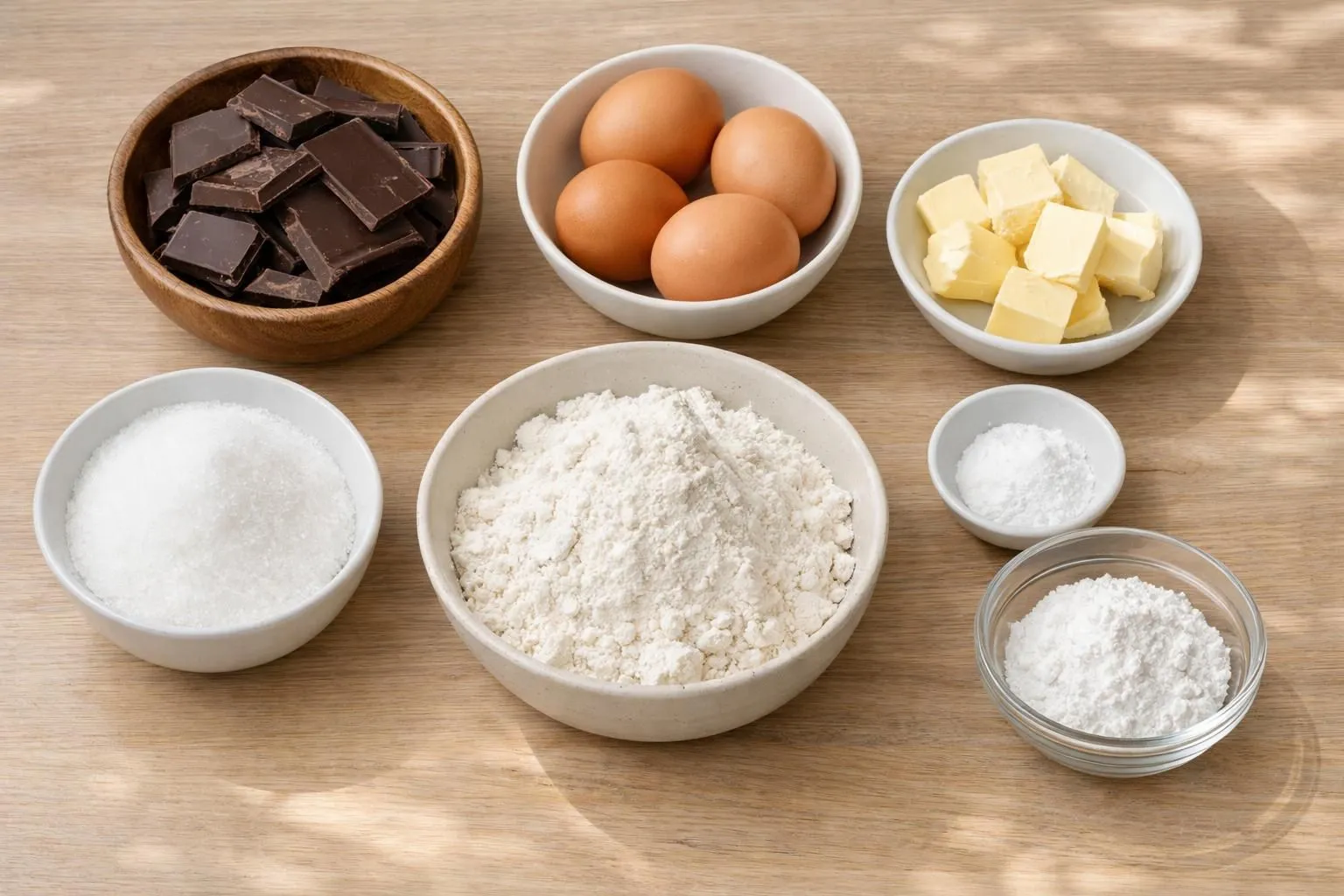 Vue de dessus d'une table de cuisine en bois clair avec tous les ingrédients disposés pour un gâteau au chocolat: tablette de chocolat noir cassée, œufs frais dans un bol blanc, beurre doré sur papier sulfurisé, sucre dans un petit récipient en verre, farine dans un saladier beige, sachet de levure chimique ouvert. Lumière naturelle douce créant des ombres légères, ambiance chaleureuse et inspirante. Cadrage flat lay, mise au point nette sur le chocolat et les œufs, arrière-plan légèrement flouté montant un torchon à carreaux et une cuillère en bois. Style culinaire moderne et accessible, tons naturels beige, brun chocolat et blanc crème.
