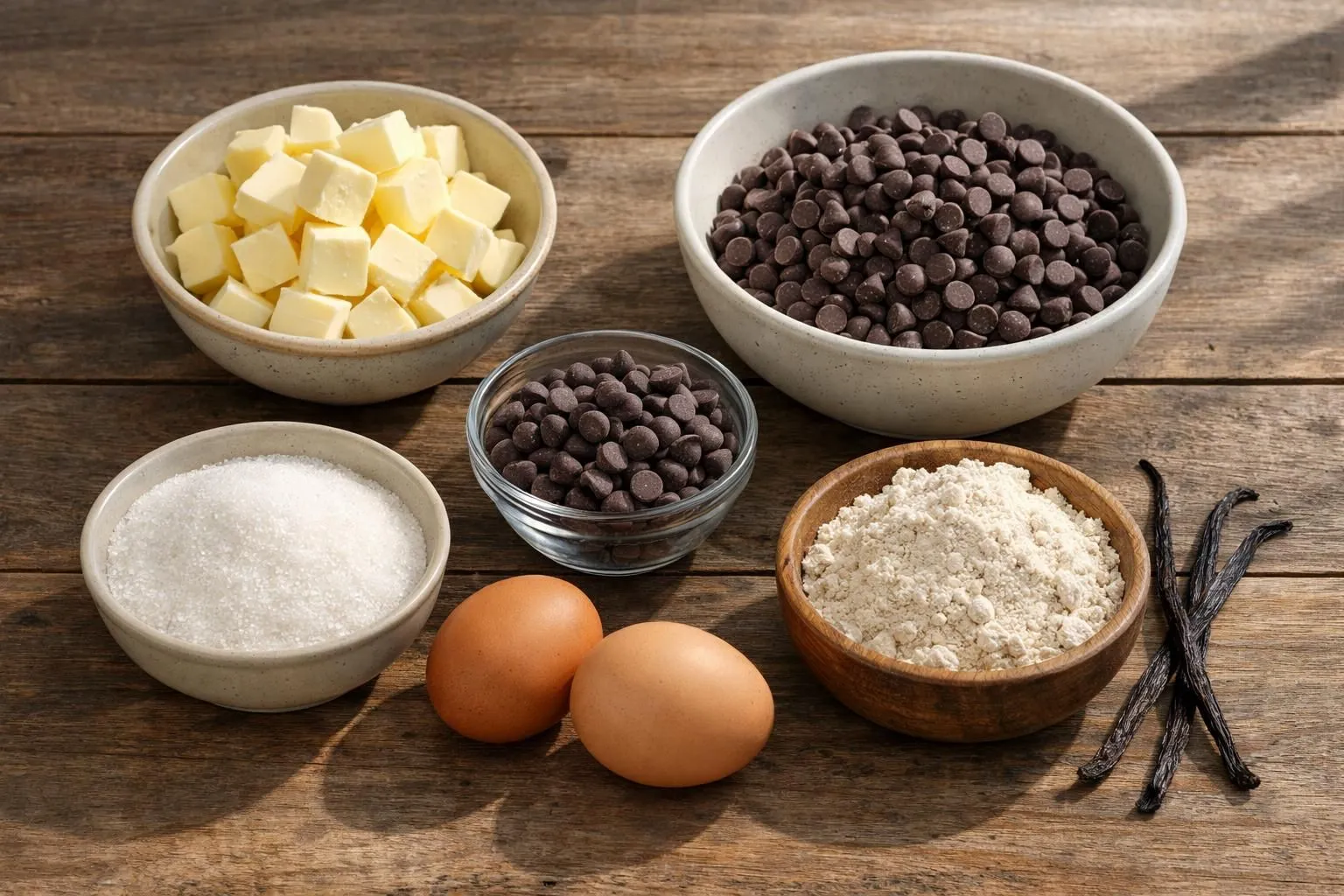 Flat lay of all cookie ingredients arranged beautifully on a wooden table: flour in a white bowl, cubed butter, two brown eggs, dark chocolate chips, brown and white sugar, vanilla pod, with natural light creating soft shadows. The image MUST relate to recette des cookies facile, NOT generic artistic scenes. CRITICAL: ABSOLUTELY NO TEXT, words, letters, numbers, signs, labels, logos, titles, or captions in the image.