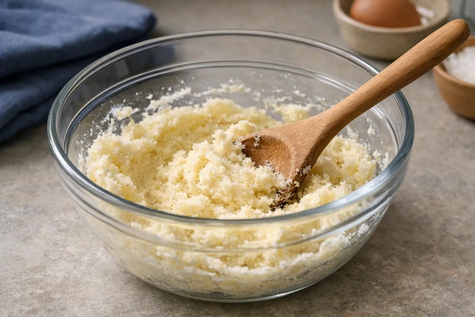 Recette facile cookies chocolat blanc moelleux en 5 étapes simples Crumbly, golden cornmeal in a glass mixing bowl with wooden spoon.