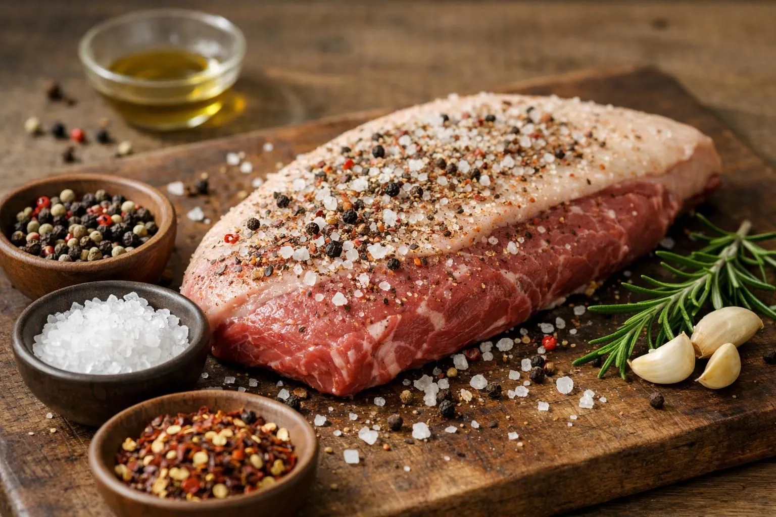 Slab of raw meat seasoned with spices and herbs.