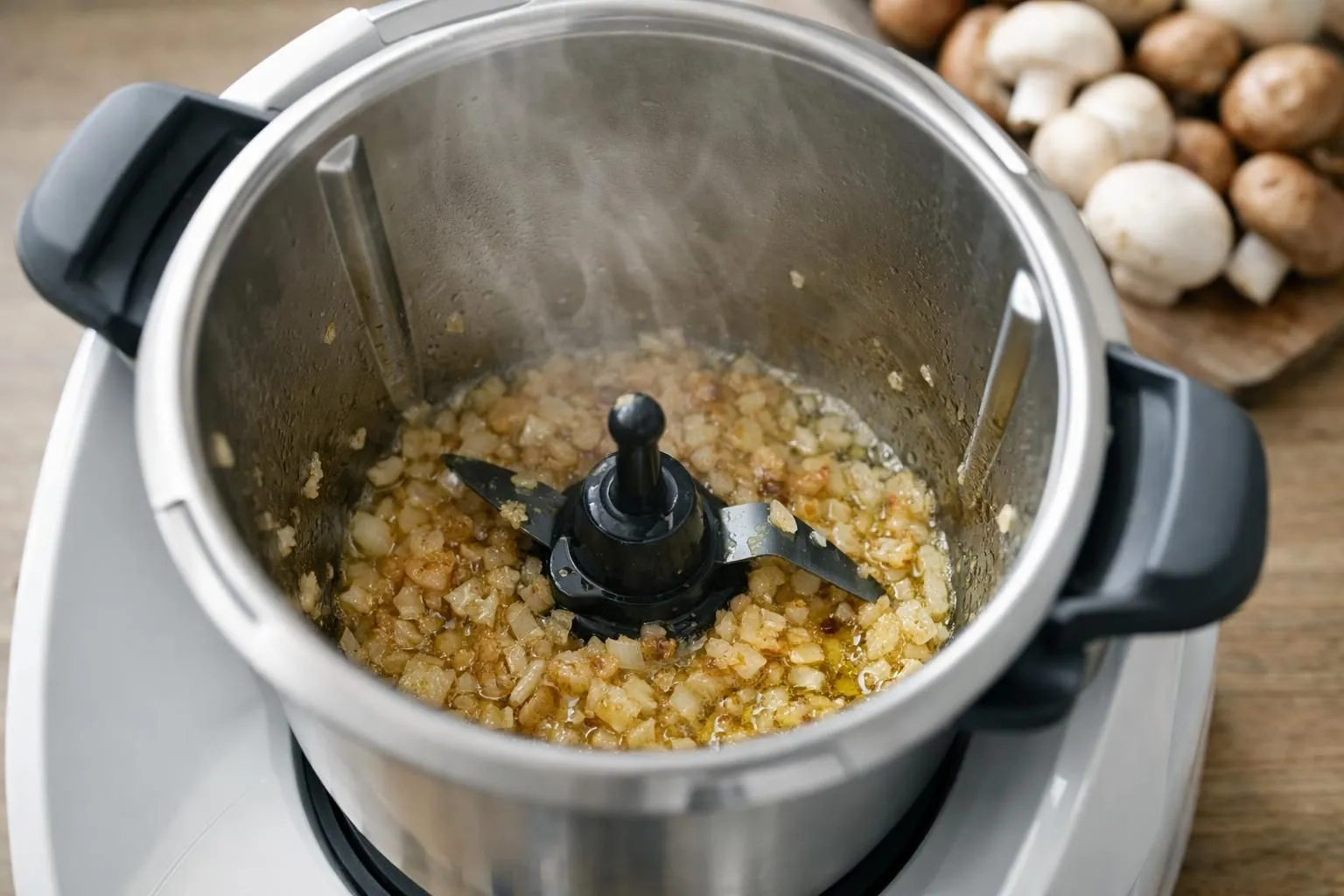 Vue en plongée du bol du Thermomix contenant des échalotes finement hachées dorées brillantes mélangées à de l'huile d'olive, légère vapeur s'échappant du bol métallique, éclairage naturel doux de cuisine, arrière-plan flouté montrant champignons frais sur planche en bois, ambiance chaleureuse et professionnelle, rendu réaliste et appétissant