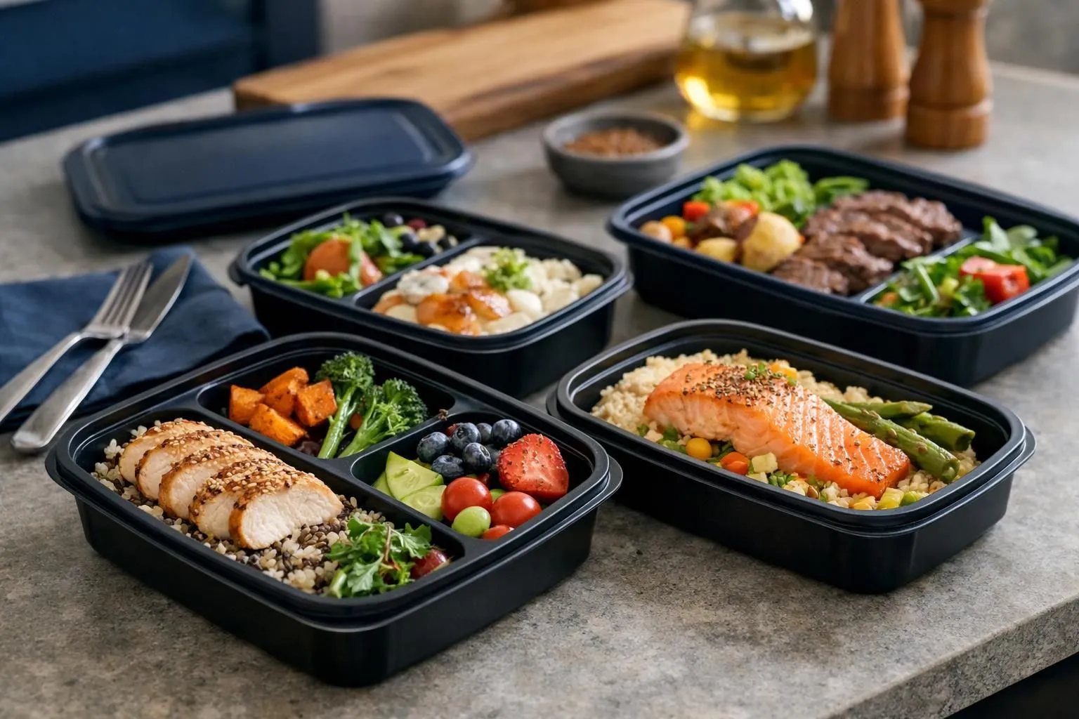 Assorted healthy meal prep containers with various nutritious foods.