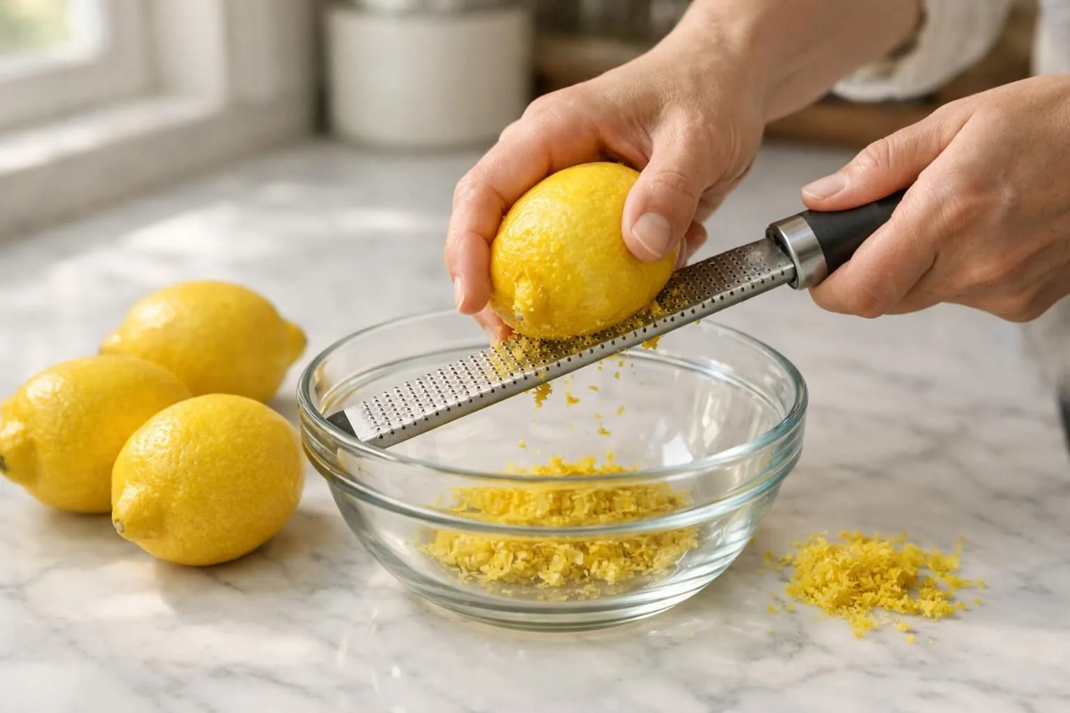 Close-up of hands using a silver microplane grater to zest bright yellow lemons over a clear glass bowl on a white marble kitchen counter, with fresh whole lemons and fine yellow zest visible, natural morning light, warm and inviting home kitchen atmosphere