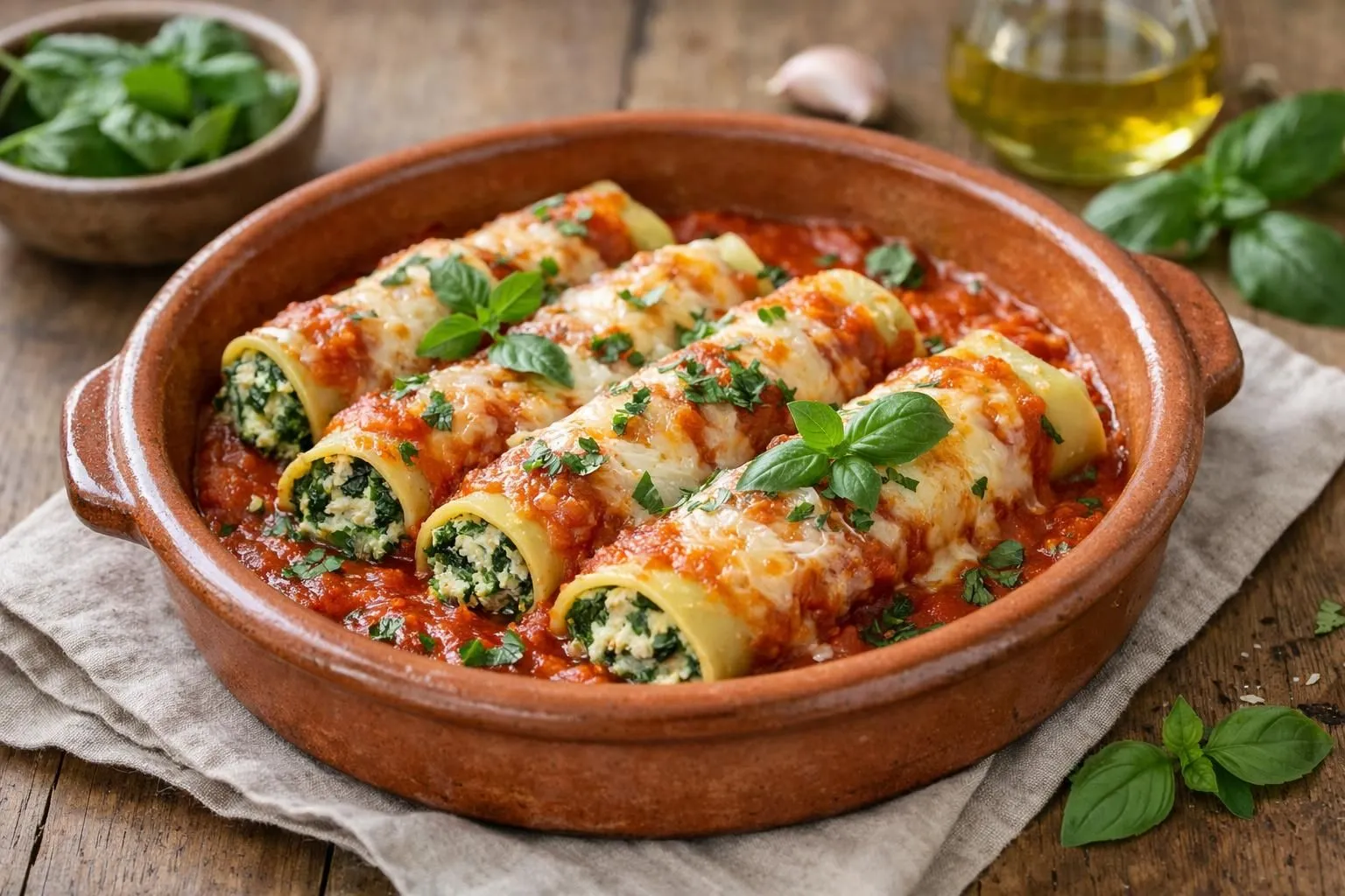 Plat italien maison avec cannelloni farcis à la ricotta et aux épinards, nappage sauce tomate, servi dans un plat en terre cuite rustique, lumière naturelle douce, vue à 45 degrés, herbes fraîches posées à côté, ambiance familiale chaleureuse