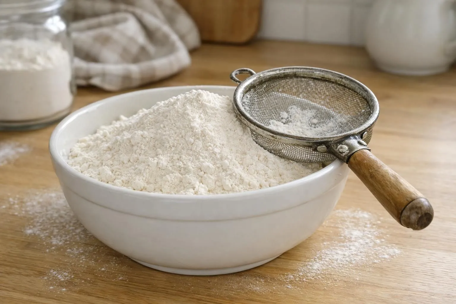 Vue rapprochée d'une cuisine familiale lumineuse: un grand saladier en céramique blanche contient de la farine tamisée, un tamis vintage repose sur le bord, des œufs frais dans un panier d'osier en arrière-plan, lumière naturelle douce venant d'une fenêtre, plan de travail en bois clair, ambiance conviviale et artisanale, cadrage à 45 degrés, mise au point nette sur le saladier, mains féminines tenant délicatement le tamis