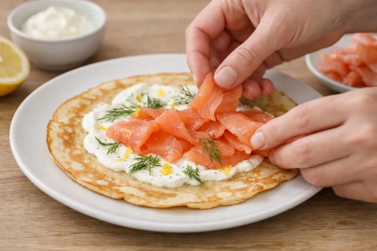 Crêpe pliée garnie de tranches de saumon fumé rose orangé, crème fraîche généreuse, brins d'aneth frais vert vif et zeste de citron jaune, sur assiette blanche moderne posée sur table en bois clair, lumière naturelle douce, vue à 45 degrés, mise au point nette sur la garniture, arrière-plan légèrement flouté avec citron entier et bol de crème visible, ambiance cuisine scandinave épurée et chaleureuse
