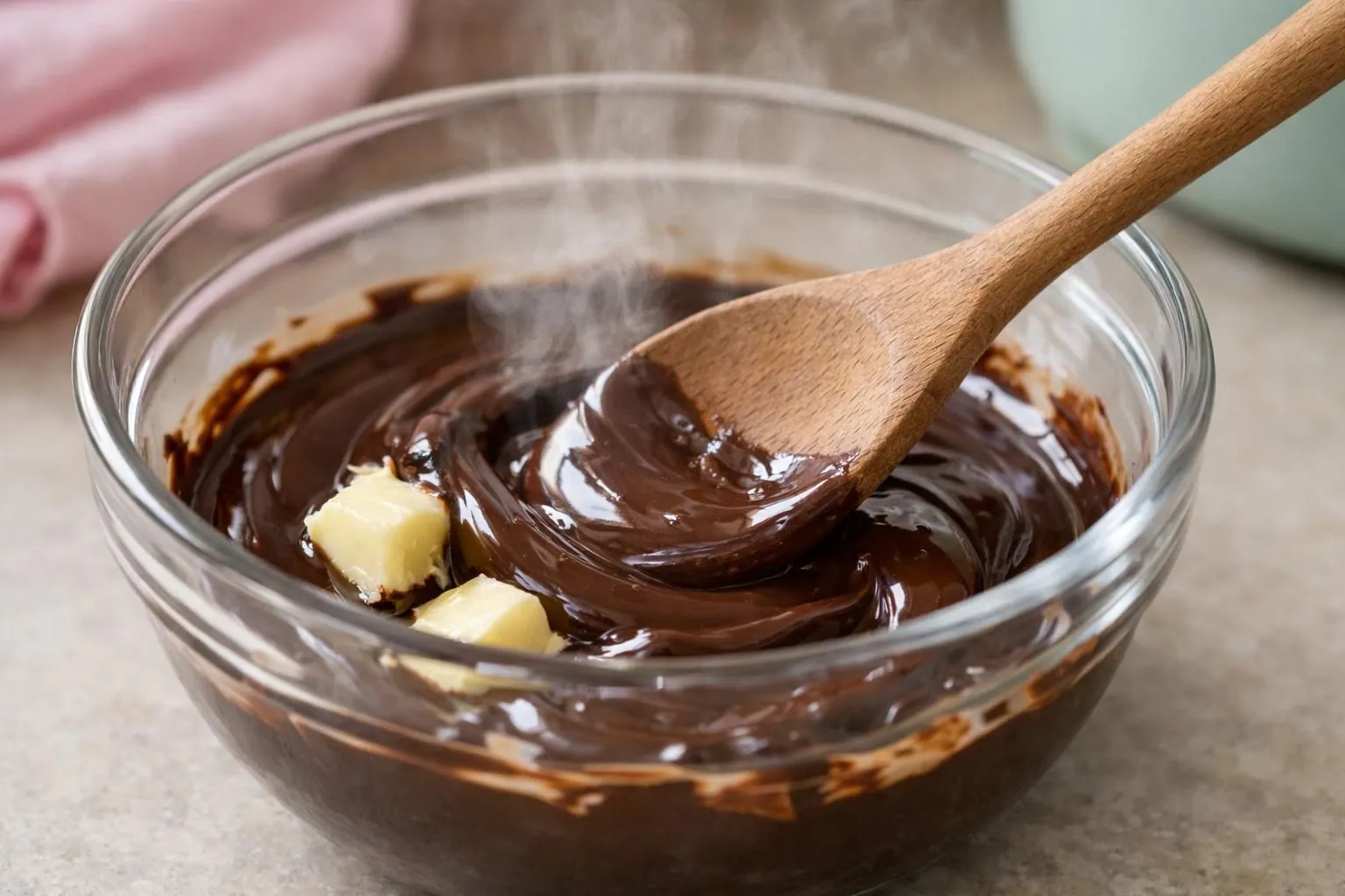 Close-up of melted dark chocolate and butter in a glass bowl over simmering water, steam rising gently, wooden spoon stirring slowly, smooth glossy mixture, warm kitchen lighting, no text