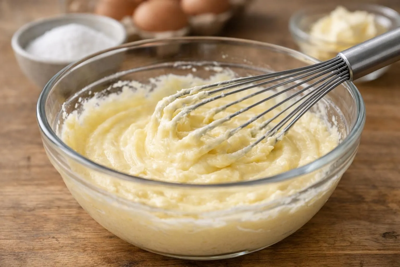 Gros plan d'un saladier avec des jaunes d'œufs blanchis mélangés au sucre, texture crémeuse et pâle, fouet en inox visible sur le côté, plan de travail en bois clair, lumière naturelle douce créant une ambiance chaleureuse de cuisine maison, quelques ingrédients flous en arrière-plan (bouteille de lait, coupelle de sucre)
