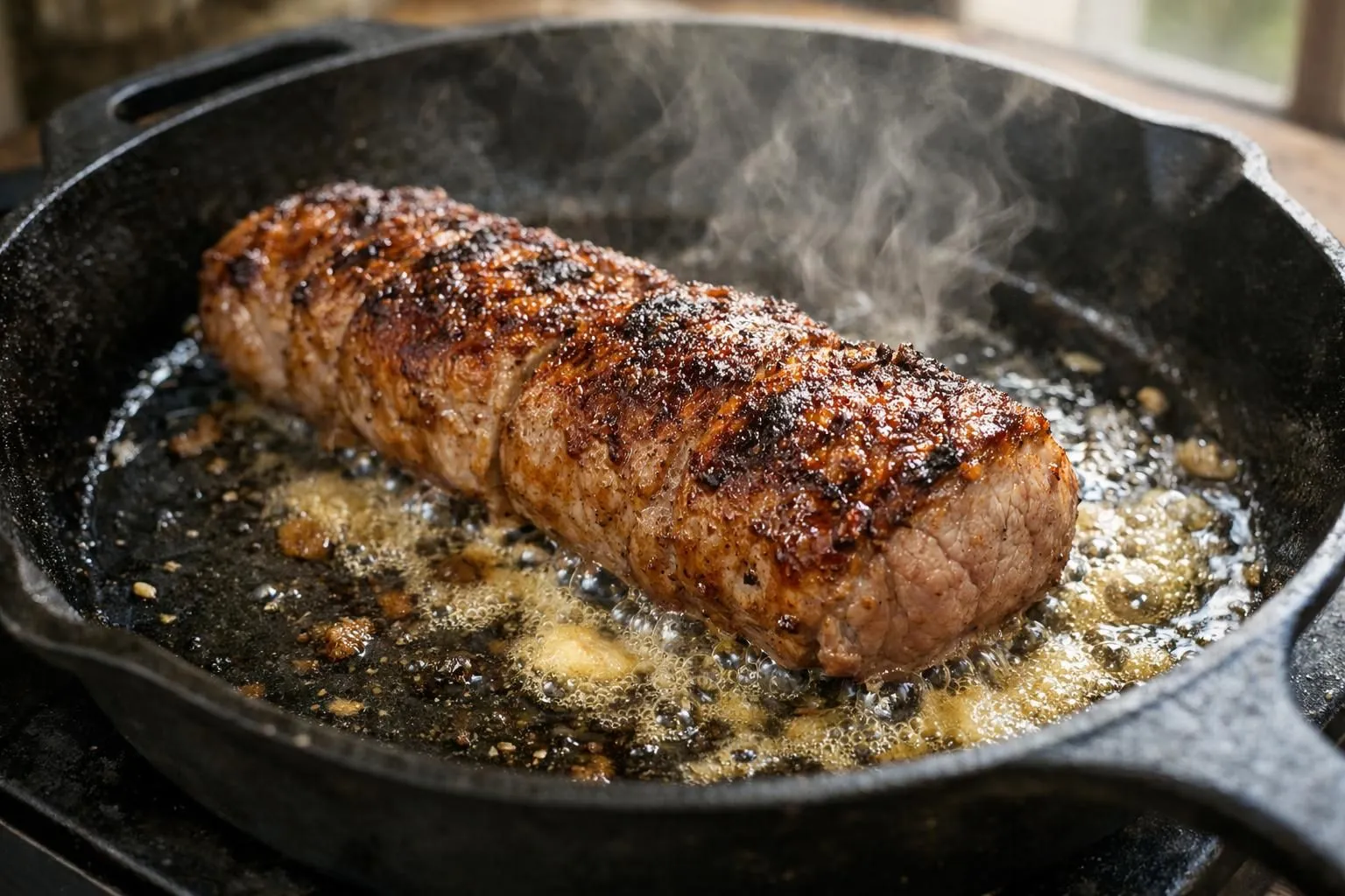 Close-up of pork tenderloin with golden caramelized crust being seared in heavy cast iron skillet, butter melting around meat, visible browning on surface, kitchen counter with fresh herbs and garlic cloves nearby, warm natural light from window, steam rising, realistic home cooking scene, professional food photography angle, shallow depth of field focusing on meat texture