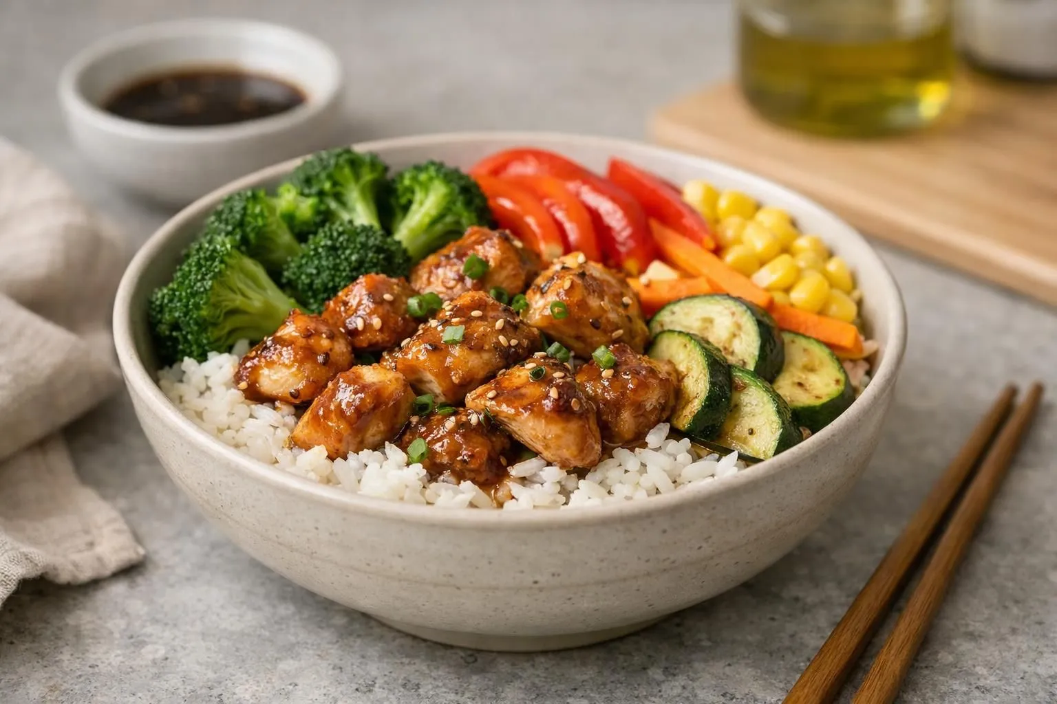 A bowl of rice, vegetables, and glazed chicken pieces.