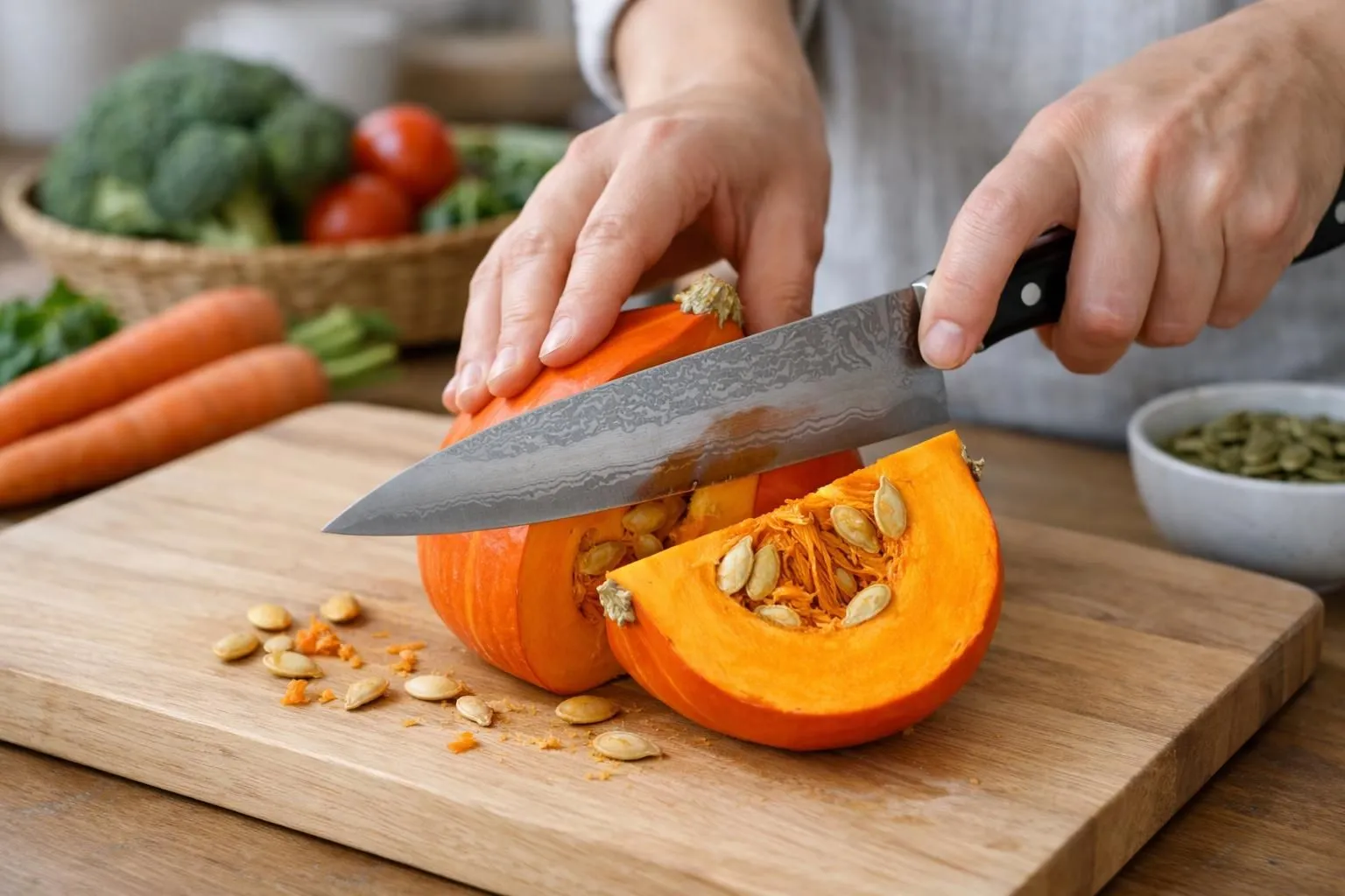 Planche à découper en bois clair avec un potimarron orange vif coupé en deux, chair visible et graines dorées, couteau de chef japonais posé à côté, éclairage naturel doux venant d'une fenêtre, ambiance cuisine moderne et épurée, quelques feuilles de sauge fraîche en arrière-plan, rendu réaliste et chaleureux