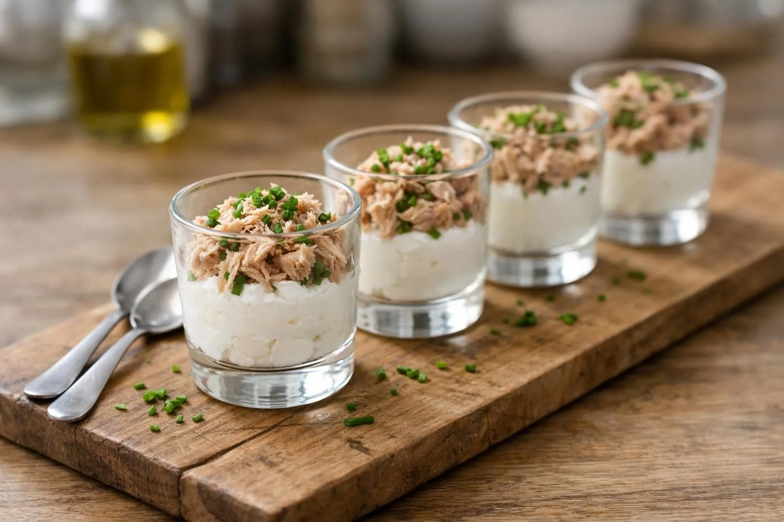 Six elegant glass verrines on natural wood board, filled with layers of white creamy faisselle cheese and flaked tuna, topped with fresh chopped chives, droplets of olive oil visible, soft natural daylight, 45-degree angle view with shallow depth of field focusing on front verrines, warm rustic kitchen background slightly blurred, realistic food photography