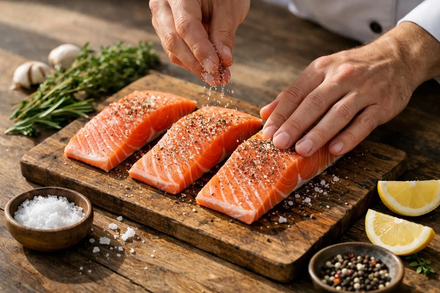 Fresh salmon fillets arranged on a rustic wooden cutting board with fresh dill, lemon slices, and sea salt crystals scattered around, bright kitchen window light creating soft shadows, natural food photography at 45-degree angle, warm tones with focus on the pink flesh of the salmon, hands gently seasoning the fish with herbs