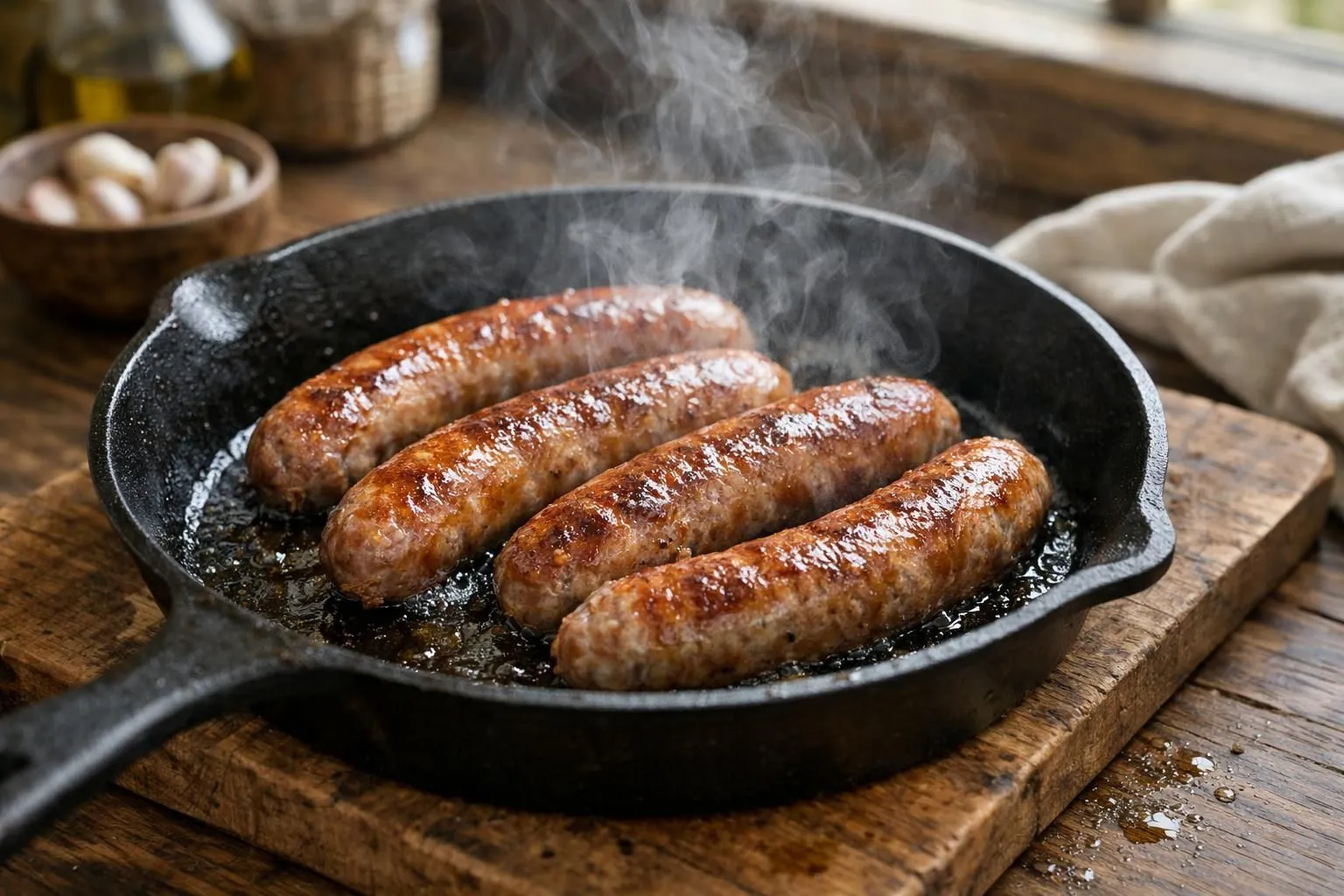 Close-up view of golden-brown Toulouse sausages sizzling in a black cast iron skillet, small oil droplets visible, aromatic steam rising, wooden kitchen board underneath, natural daylight from window, warm rustic atmosphere, professional food photography angle at 45 degrees, sharp focus on sausages with slightly blurred background showing fresh herbs