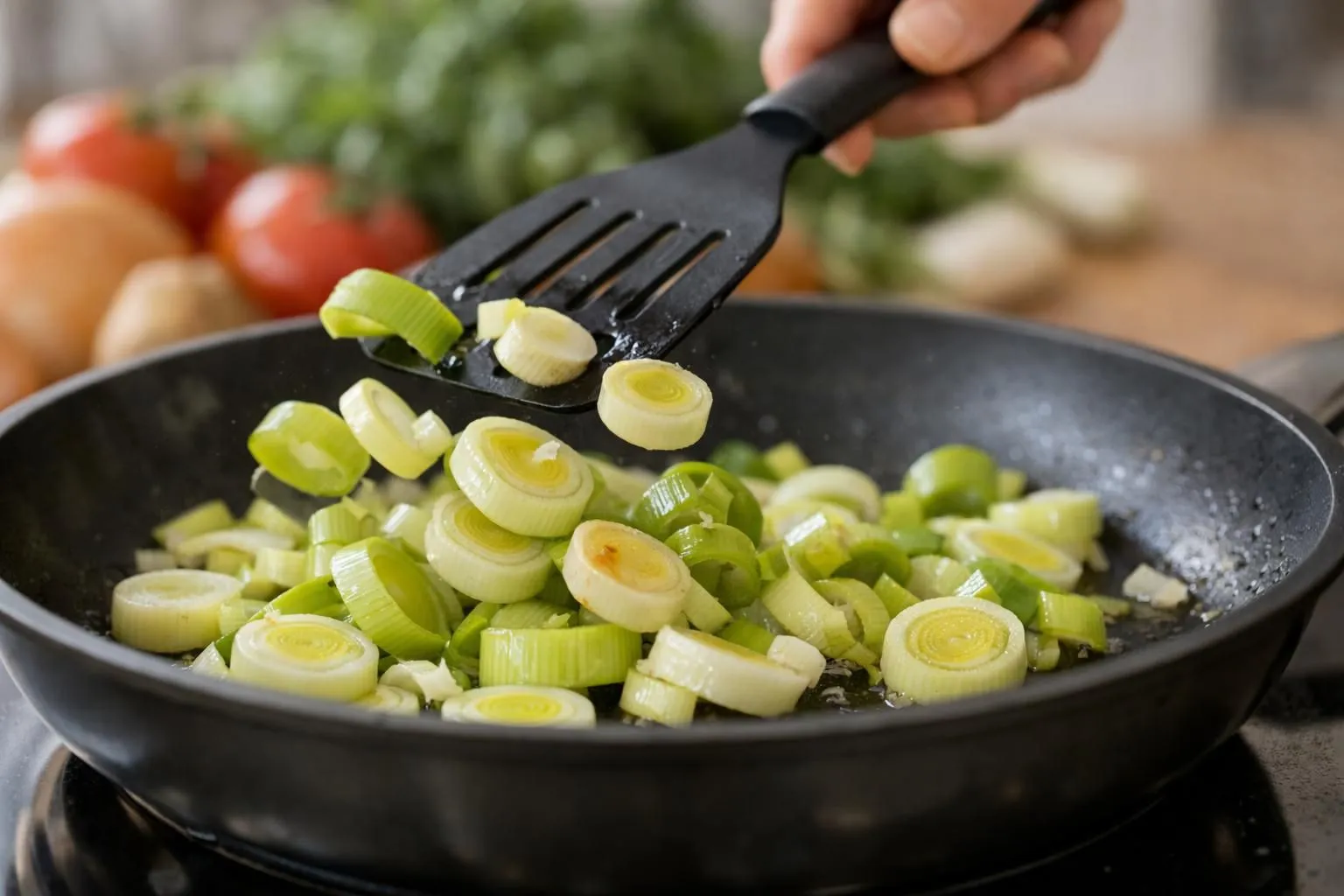Gros plan sur des rondelles de poireaux blancs et vert pâle en train de cuire doucement dans une grande poêle en inox avec une noix de beurre fondu, vapeur légère montant, lumière naturelle douce venant de la gauche, main tenant une spatule en bois au-dessus de la poêle, plan de travail en bois clair en arrière-plan légèrement flouté avec quelques poireaux entiers, ambiance cuisine familiale chaleureuse, rendu réaliste et appétissant