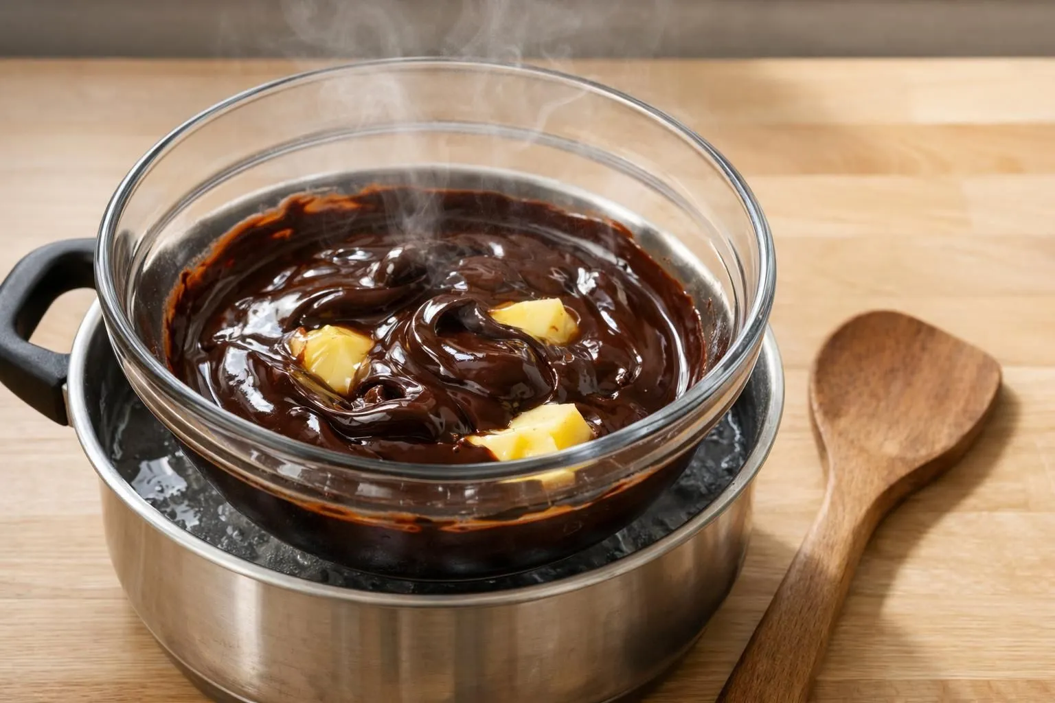 Bol en verre transparent contenant du chocolat noir et du beurre en cours de fonte, placé au-dessus d'une casserole d'eau frémissante sur une cuisinière, texture semi-liquide et brillante visible, vapeur légère s'échappant, spatule en bois à côté, lumière naturelle douce venant d'une fenêtre, plan de travail en bois clair, ambiance chaleureuse de cuisine maison, cadrage à 45 degrés avec mise au point sur le bol de chocolat fondant