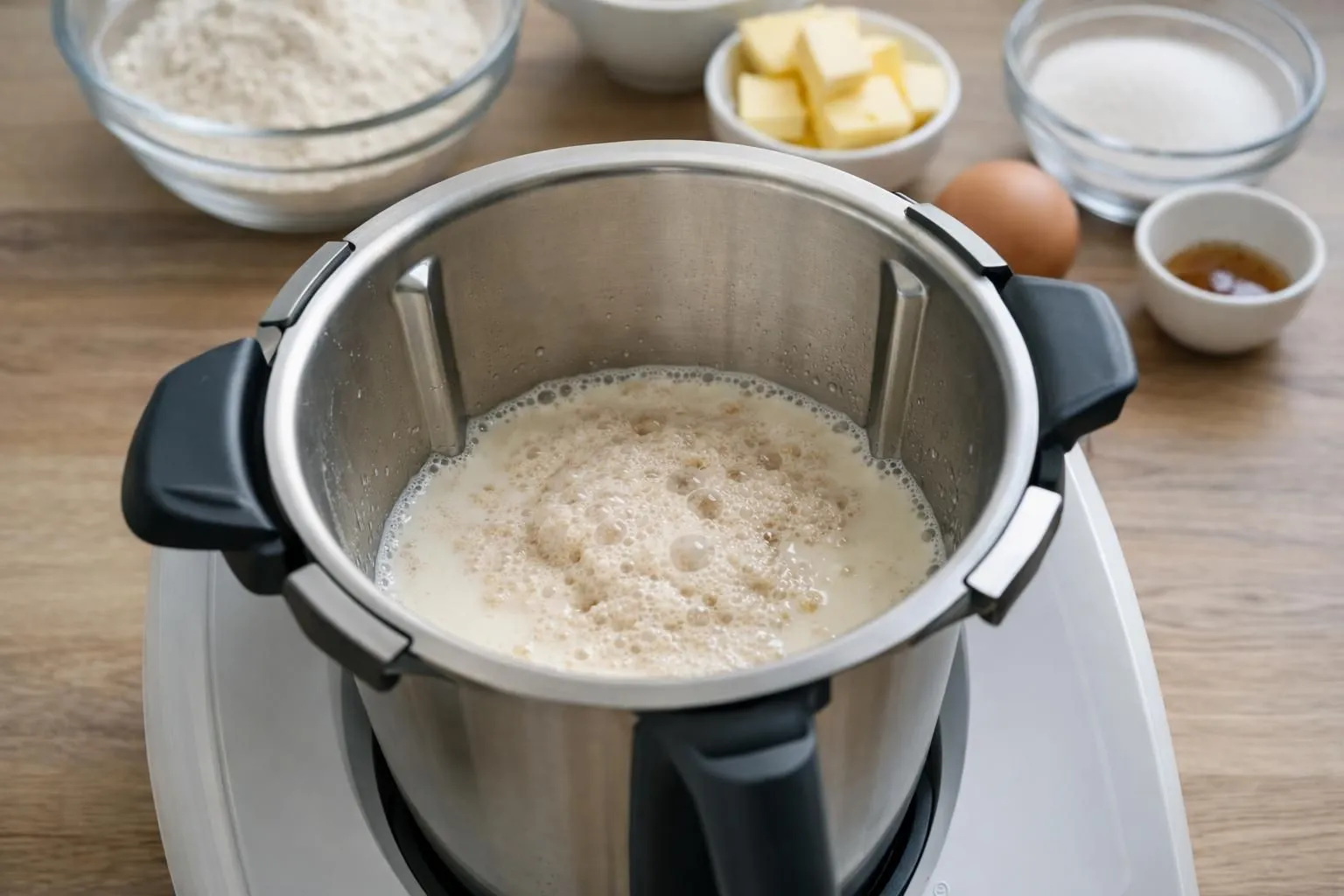 Vue de dessus d'un bol Thermomix transparent contenant du lait tiède avec de la levure fraîche en train de s'activer, petites bulles visibles à la surface, cuillères dosettes et sachets de levure posés à côté sur un plan de travail en bois clair, lumière naturelle douce, ambiance cuisine moderne et chaleureuse, mise au point nette sur le bol, ingrédients de brioche (farine, œufs, beurre) légèrement flous en arrière-plan
