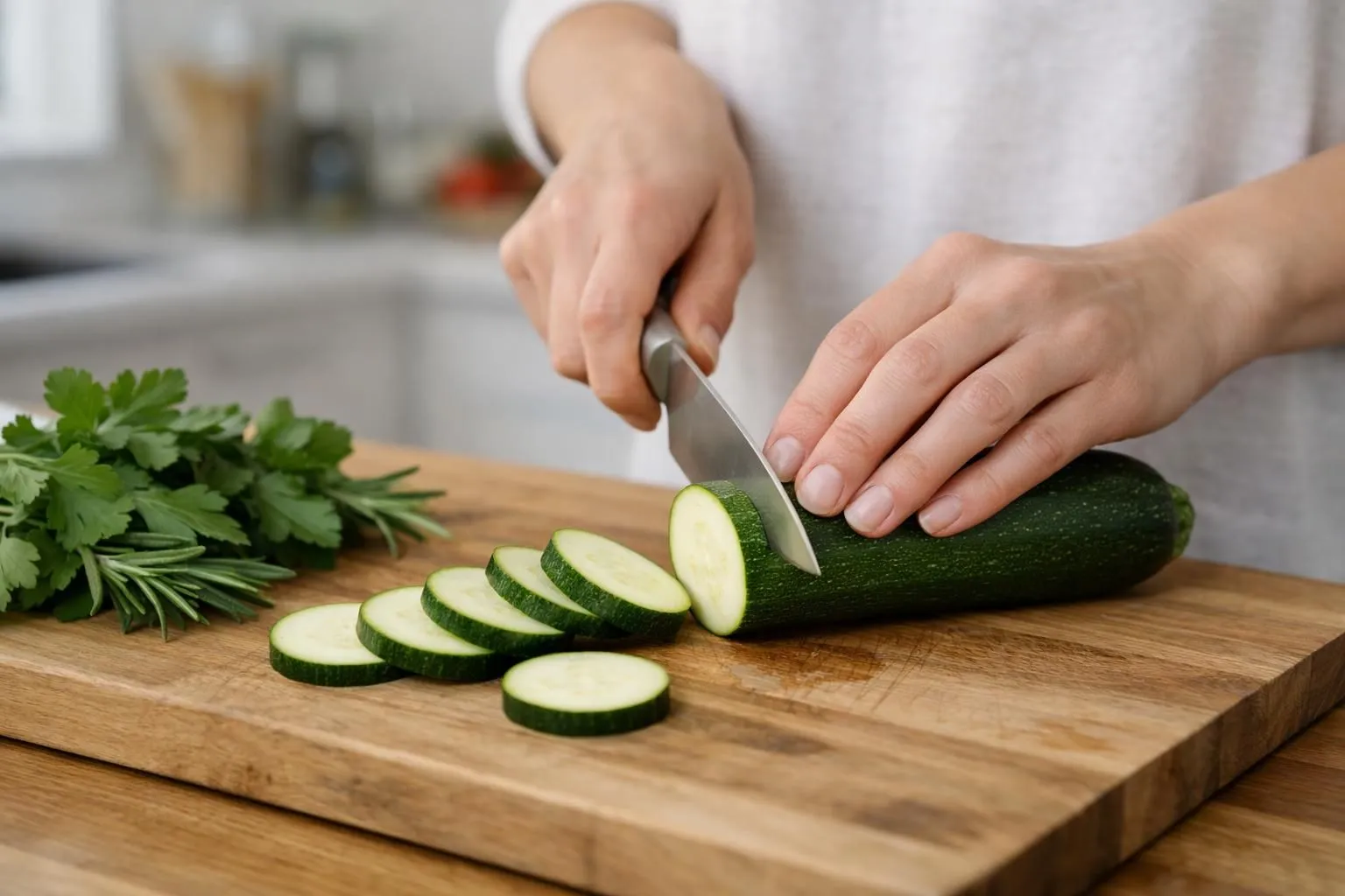 Mains féminines découpant des courgettes fraîches en rondelles régulières sur une planche en bois clair, couteau de chef professionnel, cuisine moderne lumineuse en arrière-plan flou, rondelles de courgettes alignées montrant l'épaisseur uniforme d'1 cm, quelques herbes aromatiques (thym, basilic) posées à côté, lumière naturelle douce provenant d'une fenêtre, tons verts et beiges naturels, cadrage à 45° focalisé sur la découpe en cours, ambiance chaleureuse de cuisine maison.