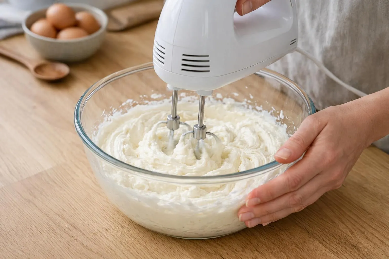 Mains tenant un batteur électrique plongeant dans un saladier transparent, mélange crémeux et pâle de beurre et sucre visible, texture aérienne avec petites bulles, plan rapproché sur la consistance mousseuse, cuisine moderne avec plan de travail en bois clair, lumière naturelle douce