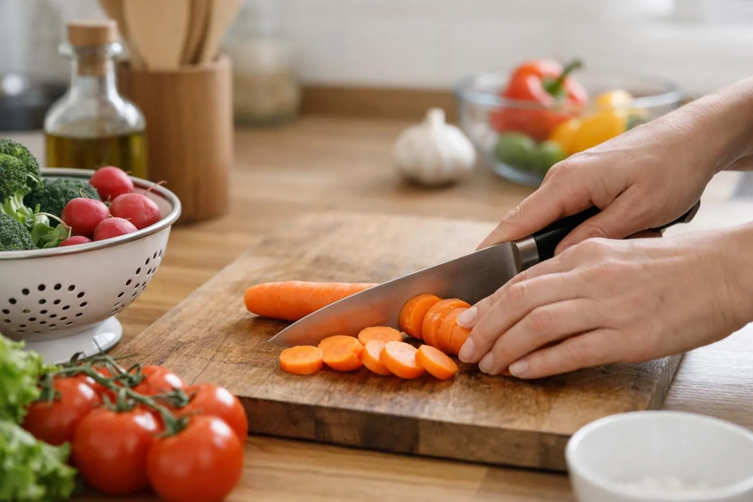 Plan de travail en cuisine lumineuse avec planche à découper en bois, légumes frais lavés et partiellement épluchés (carottes, courgettes, poireaux, navets), éplucheur économe et couteau de chef posés à côté, mains en train de couper une carotte en rondelles régulières, lumière naturelle douce venant d'une fenêtre, tons beiges et verts, mise au point nette sur la découpe, arrière-plan légèrement flouté montrant d'autres légumes et un saladier, ambiance conviviale de préparation culinaire familiale