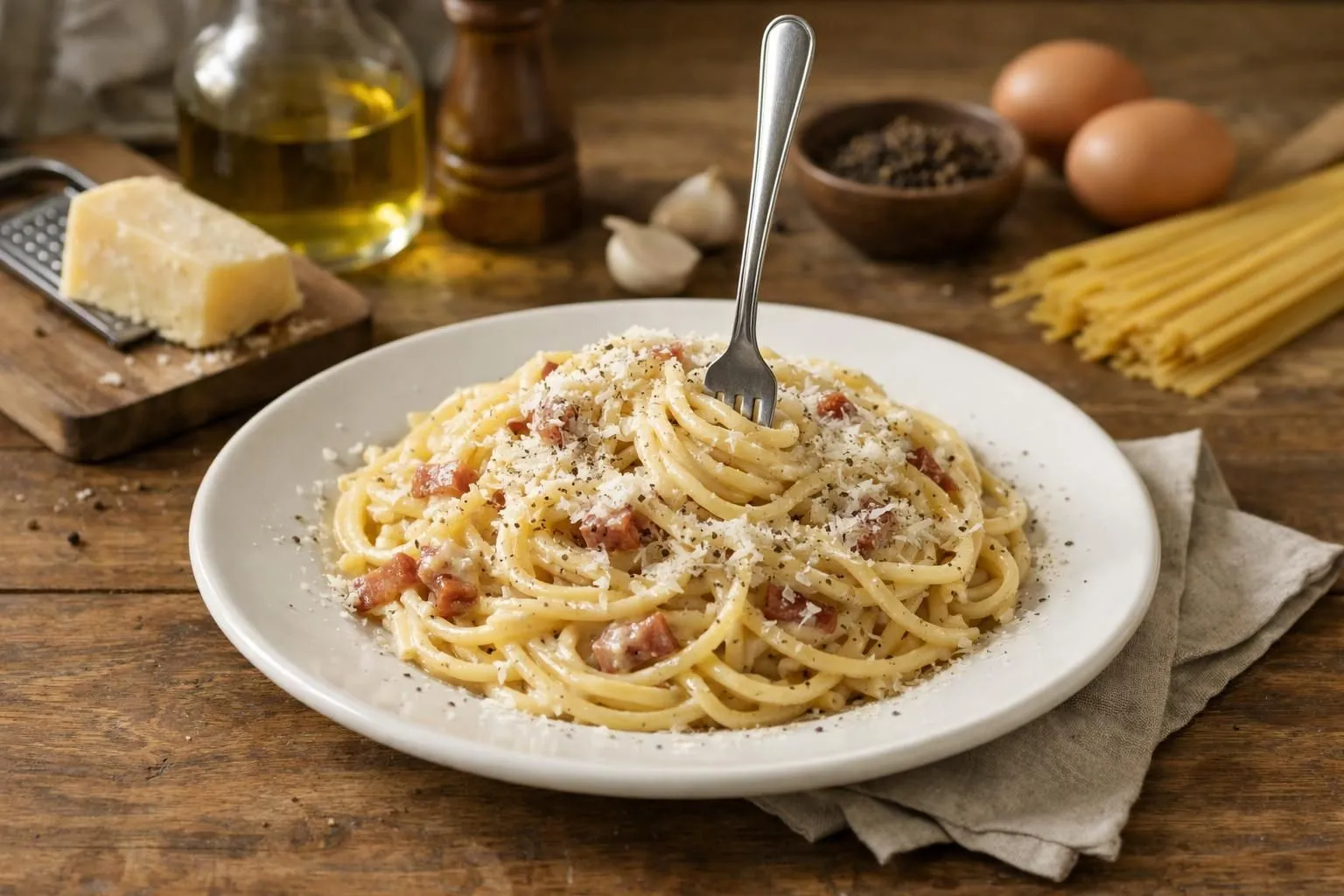 Assiette fumante de spaghetti carbonara crémeux, sauce onctueuse enrobant les pâtes, parmesan râpé frais et poivre noir concassé visible, fourchette plantée dans les pâtes, lumière naturelle douce créant des reflets dorés sur la sauce, table en bois clair, quelques ingrédients disposés autour (œufs entiers, morceau de pancetta, bloc de parmesan), ambiance cuisine italienne chaleureuse et conviviale