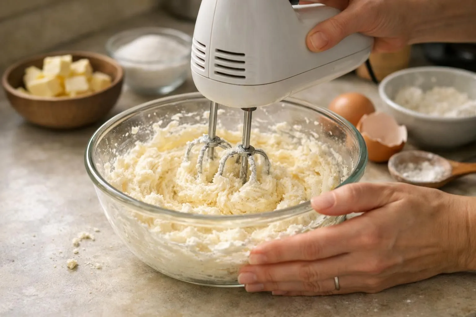 Close-up hands using electric hand mixer in glass mixing bowl, creaming butter and sugar together, showing light pale fluffy texture, kitchen counter with butter wrapper and vanilla extract bottle visible, warm natural morning light, realistic home baking scene, shallow depth of field focused on creamy mixture, cozy inviting atmosphere