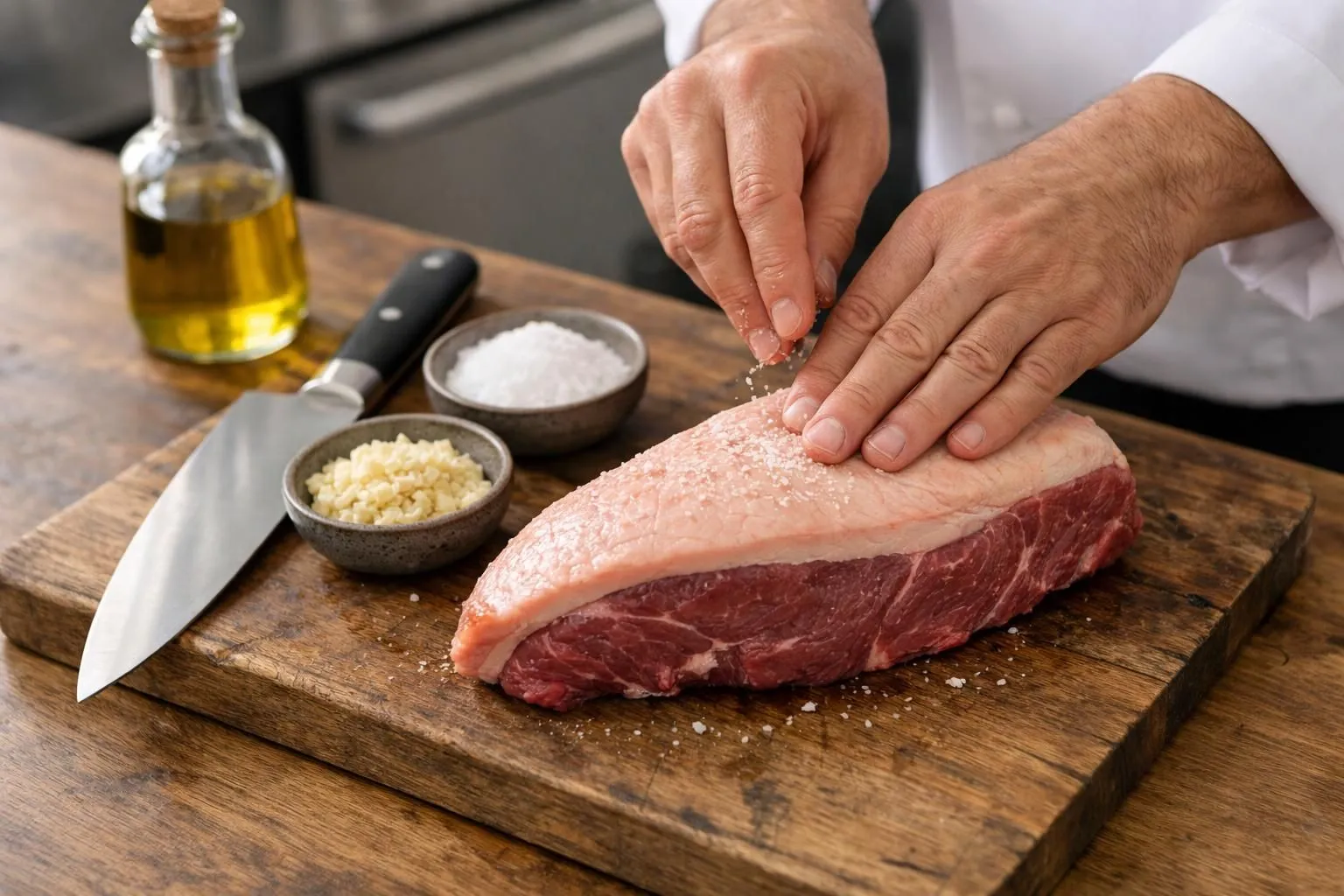 Picanha crue sur planche à découper en bois massif, épaisse couche de gras visible sur le dessus, couteau de chef à lame large posé à côté, ramequins contenant sel de mer et ail haché, bouteille d'huile d'olive, lumière naturelle douce depuis la gauche créant des ombres légères, arrière-plan flou avec cuisine moderne, vue légèrement en plongée, ambiance professionnelle mais accessible