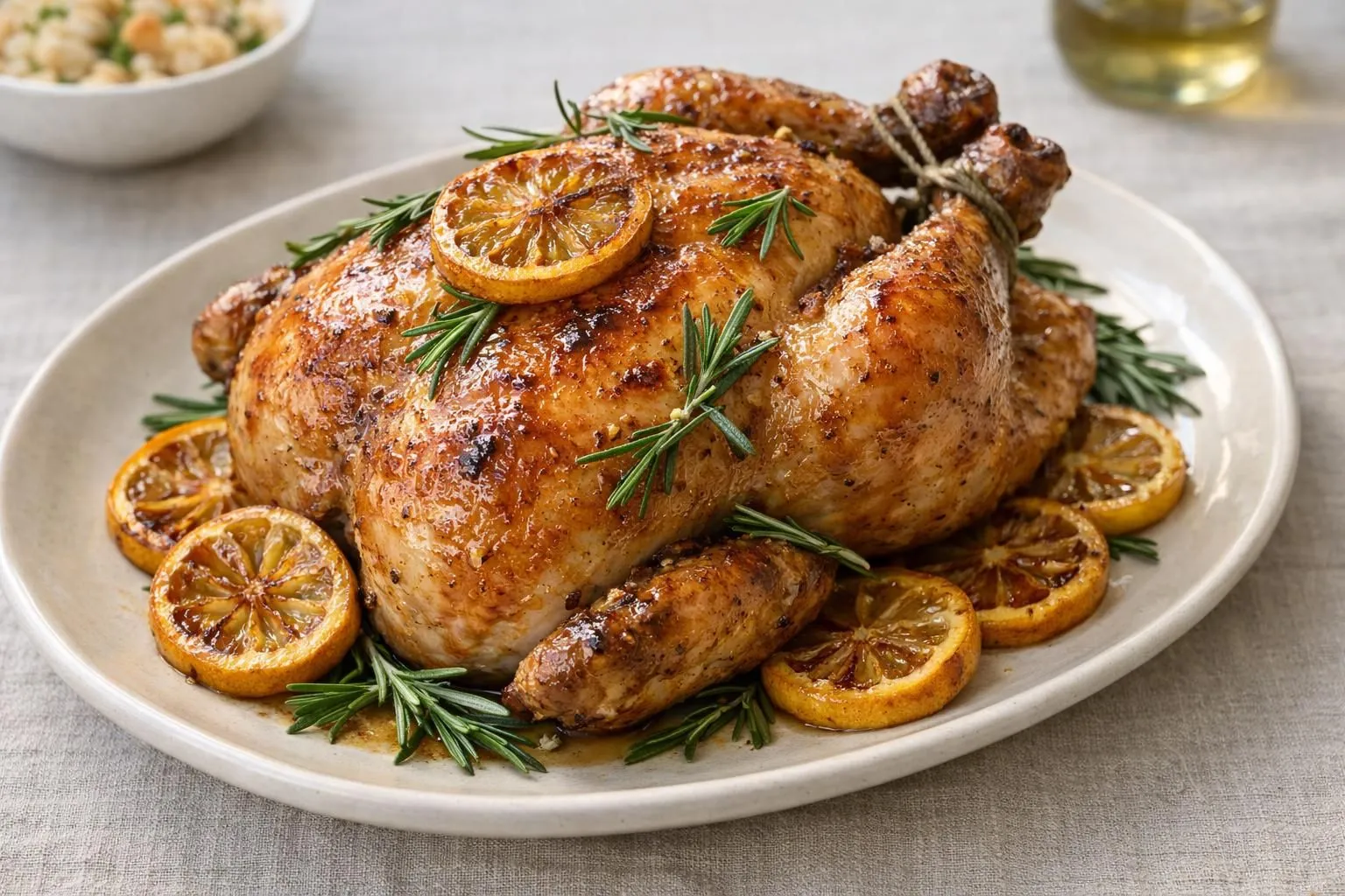 Poulet rôti doré aux reflets ambrés, parsemé de brins de romarin frais et de rondelles de citron caramélisées, présenté sur un plat en céramique beige, vue à 45°, lumière naturelle douce créant des reflets brillants sur la peau croustillante, table en bois clair en arrière-plan légèrement flouté, ambiance chaleureuse de repas familial, cuillère de service visible sur le côté