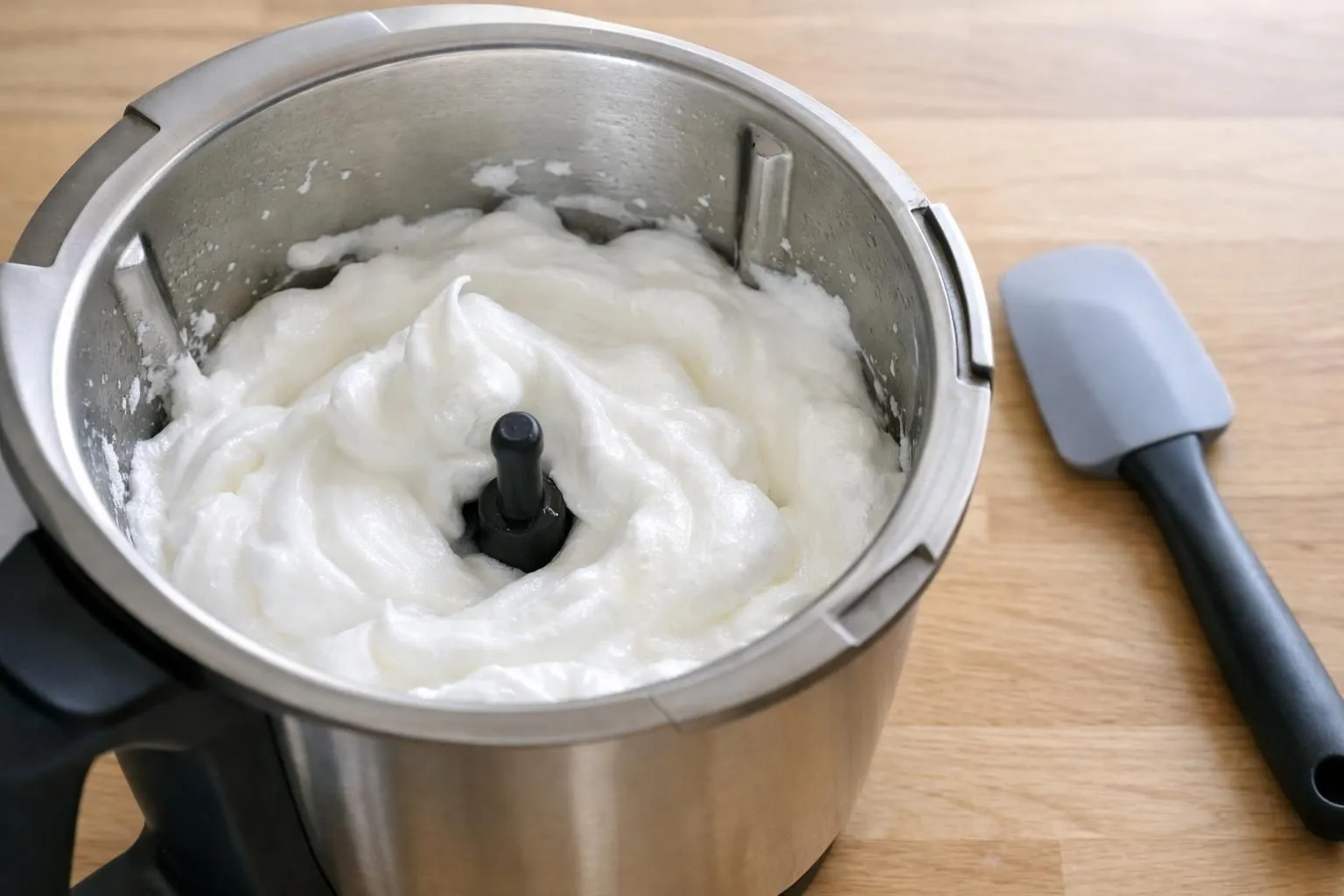 Gros plan sur des blancs d'œufs montés en neige dans le bol du Thermomix, texture ferme et brillante avec des pics bien formés, spatule en silicone posée à côté, plan de travail en bois clair, lumière naturelle douce créant des reflets sur la surface lisse des blancs montés, arrière-plan flouté montrant des œufs frais et un bol de sucre, ambiance cuisine chaleureuse et soignée