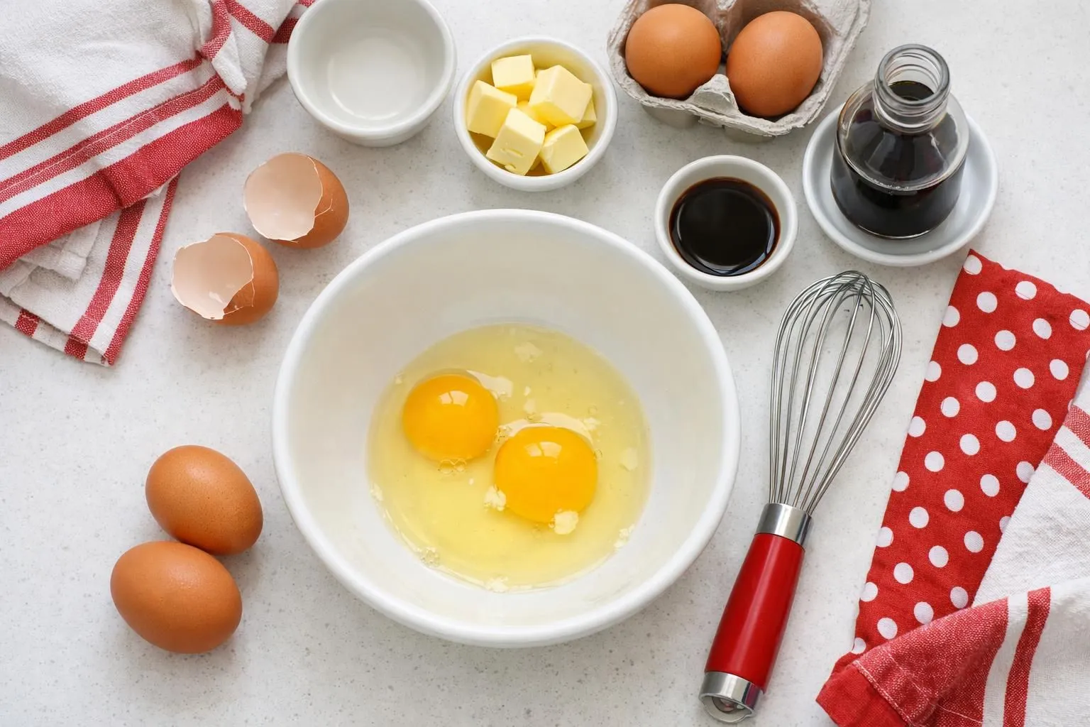 Recette facile cookies chocolat blanc moelleux en 5 étapes simples Eggs, butter, baking ingredients, kitchen utensils, and red and white textiles.