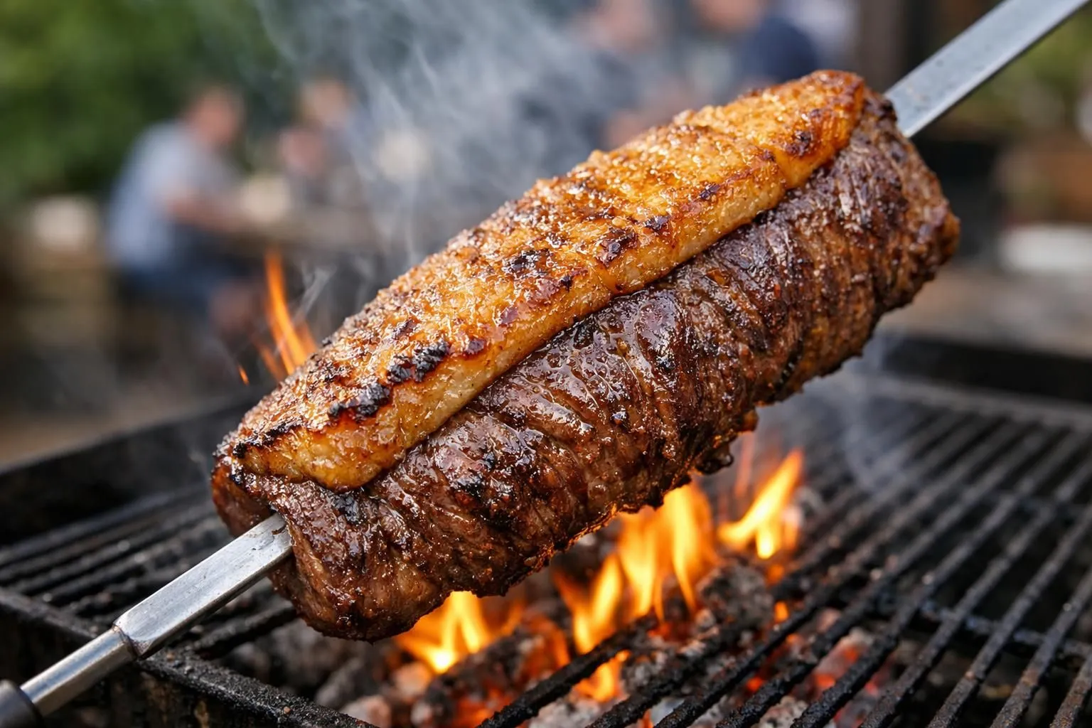 Picanha sur grille de barbecue avec la couche de graisse dorée face aux flammes, gros plan sur la texture croustillante en formation, fumée légère montant du gril, fond de jardin flou, lumière naturelle chaude de fin d'après-midi, angle à 45 degrés montrant les détails de la graisse caramélisée, ambiance conviviale de cuisine en plein air