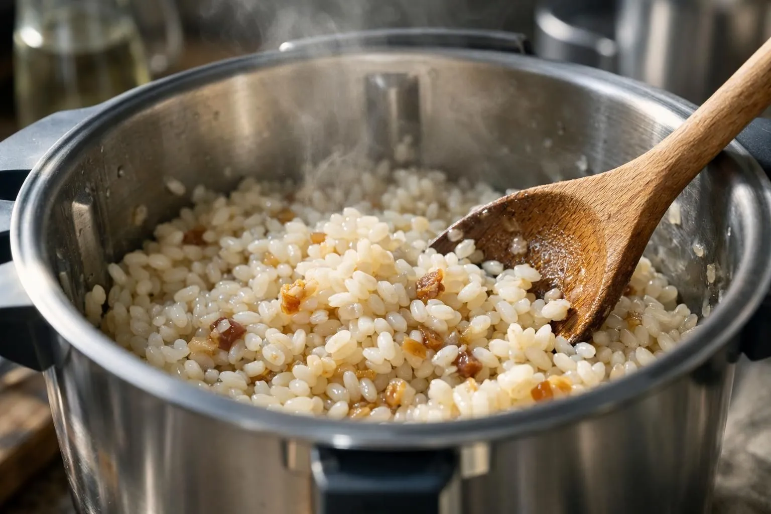 Gros plan détaillé sur des grains de riz Arborio nacrés dans le bol inox du Thermomix, riz légèrement translucide sur les bords avec reflets brillants, échalotes dorées visibles entre les grains, cuillère en bois posée sur le rebord, lumière naturelle rasante créant des reflets sur les grains, vapeur légère s'échappant, texture réaliste et appétissante, ambiance chaleureuse de cuisine maison, arrière-plan flouté avec ustensiles de cuisine