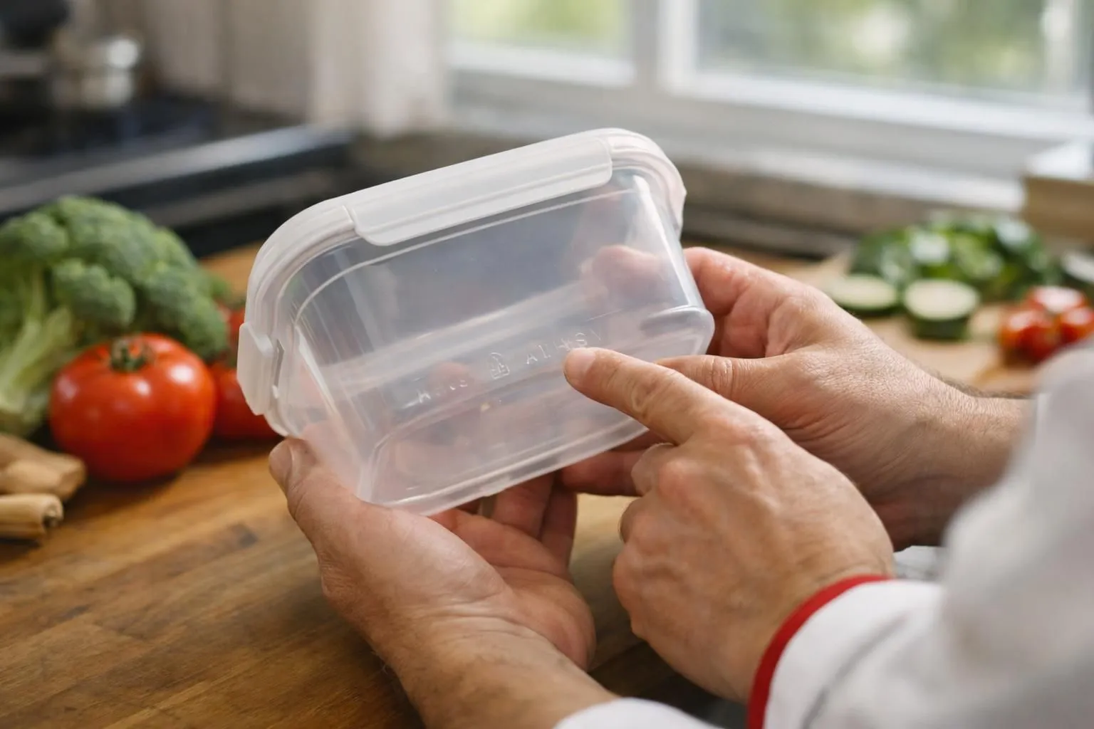 Close-up of concerned home cook's hands examining a plastic food container label in modern kitchen, reading fine print about temperature limits, natural daylight from window, wooden countertop with fresh vegetables nearby, realistic documentary photography style, shallow depth of field focused on container and hands, warm ambient lighting, educational safety awareness scene